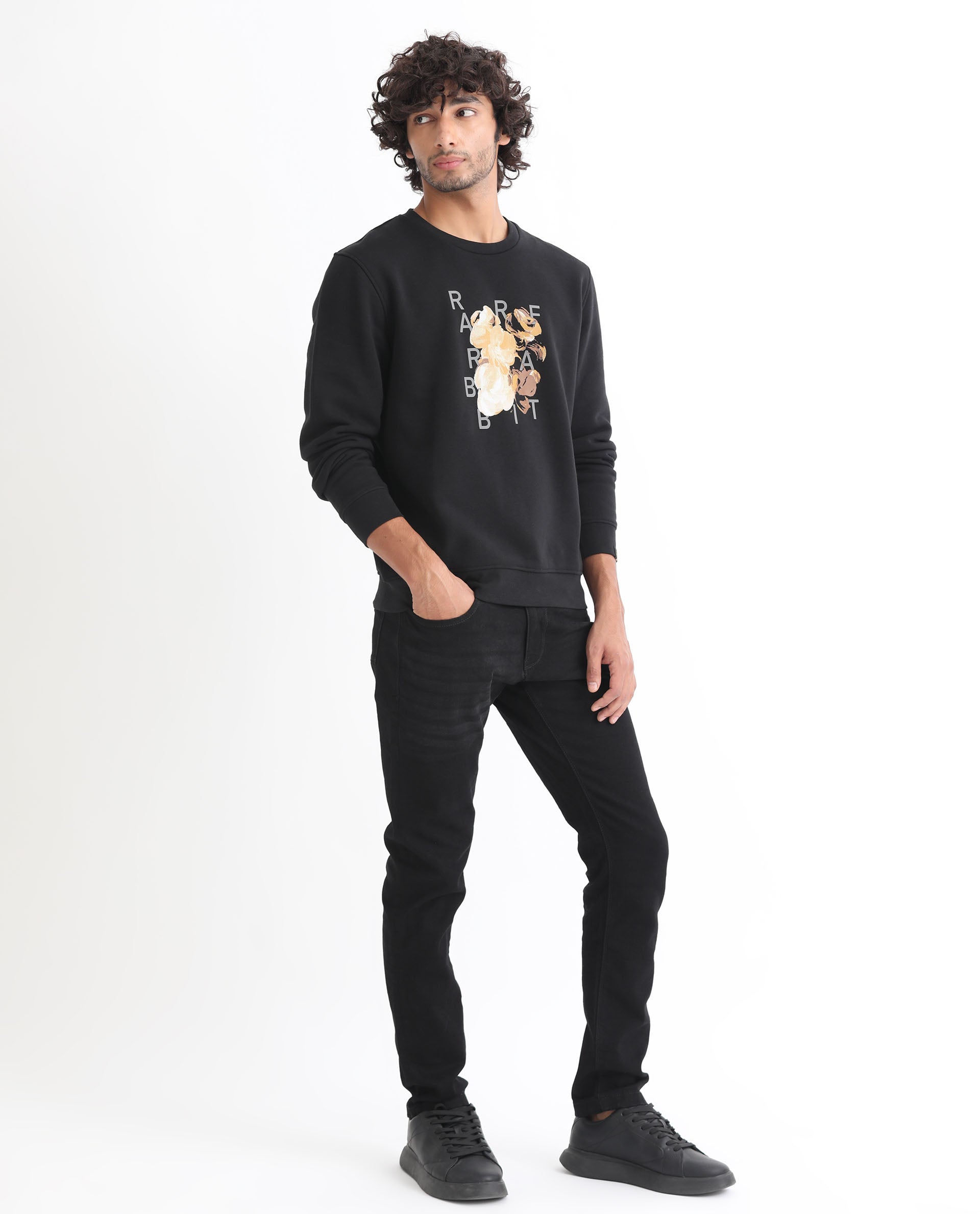 Rare Rabbit Men's Notic Black Cotton Polyester Fabric Full Sleeves Abstract Floral Print Sweatshirt