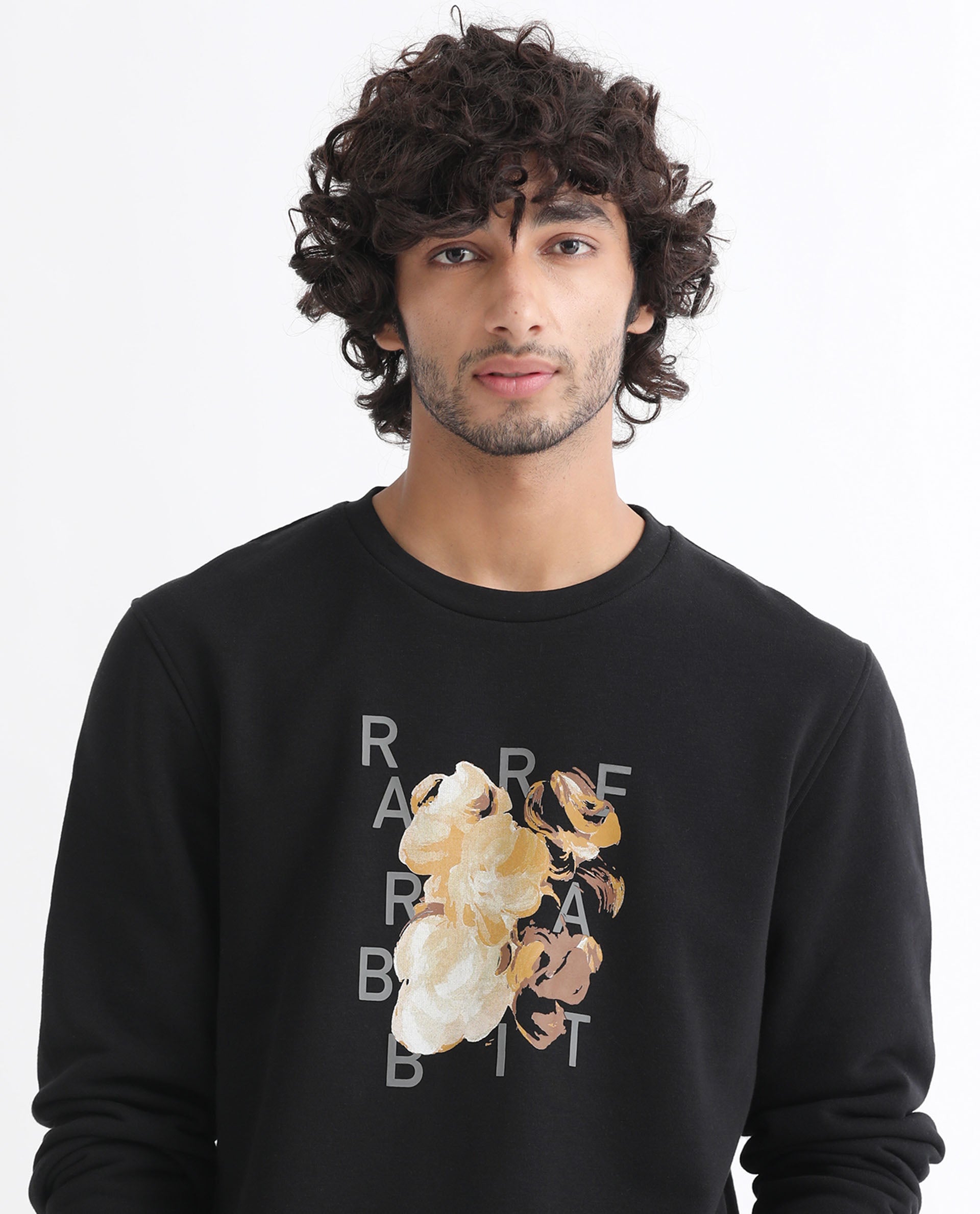 Rare Rabbit Men's Notic Black Cotton Polyester Fabric Full Sleeves Abstract Floral Print Sweatshirt