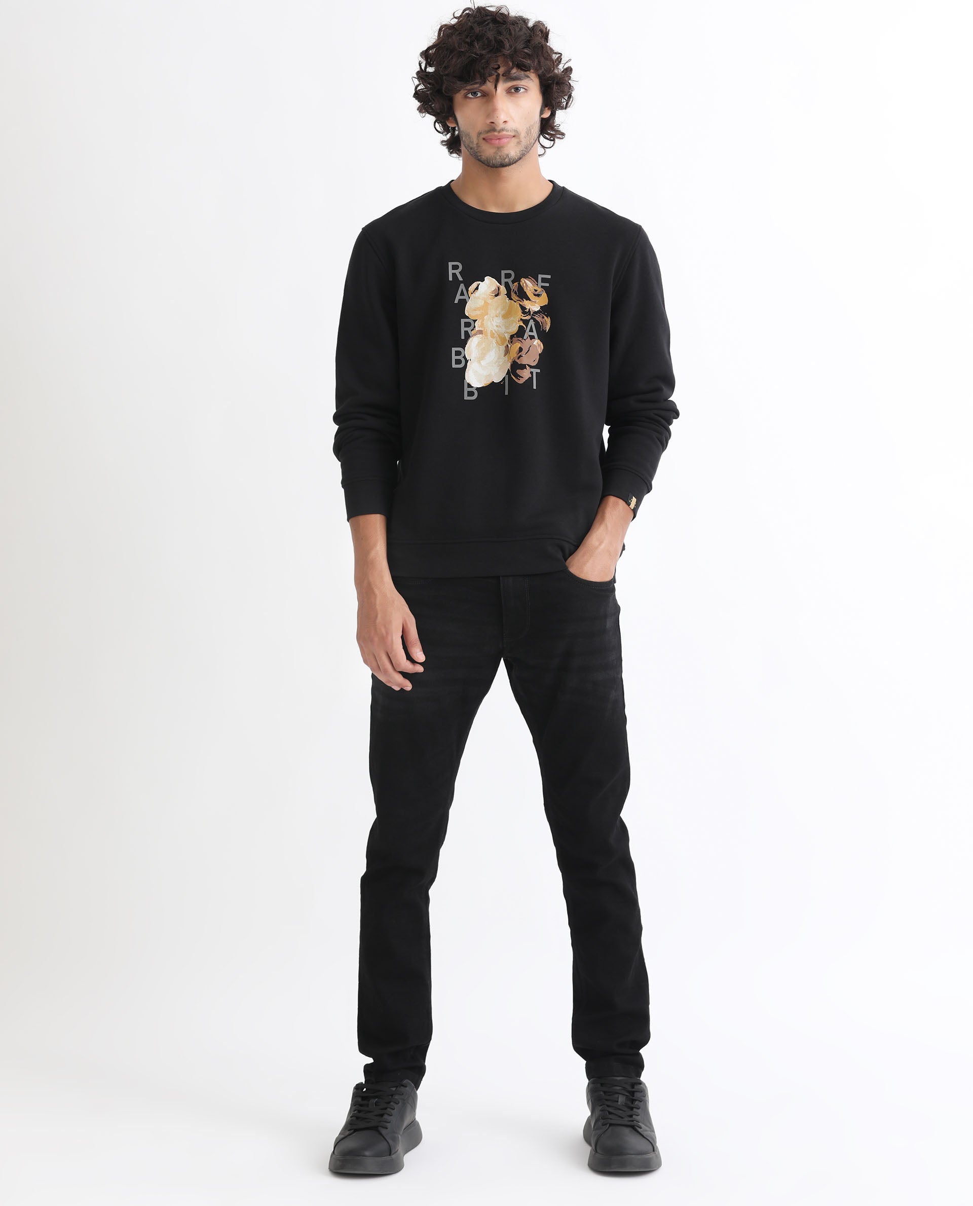 Rare Rabbit Men's Notic Black Cotton Polyester Fabric Full Sleeves Abstract Floral Print Sweatshirt