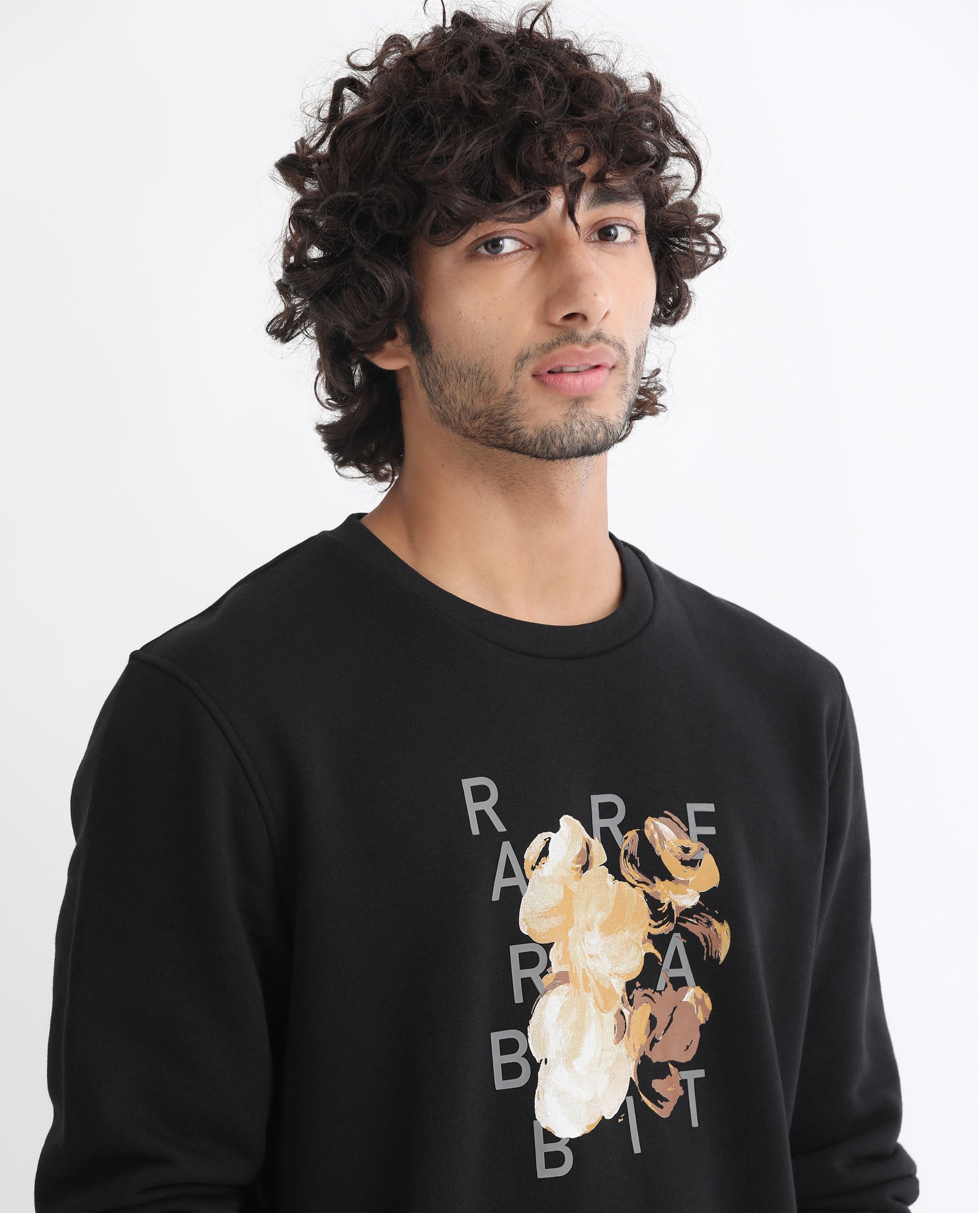 Rare Rabbit Men's Notic Black Cotton Polyester Fabric Full Sleeves Abstract Floral Print Sweatshirt