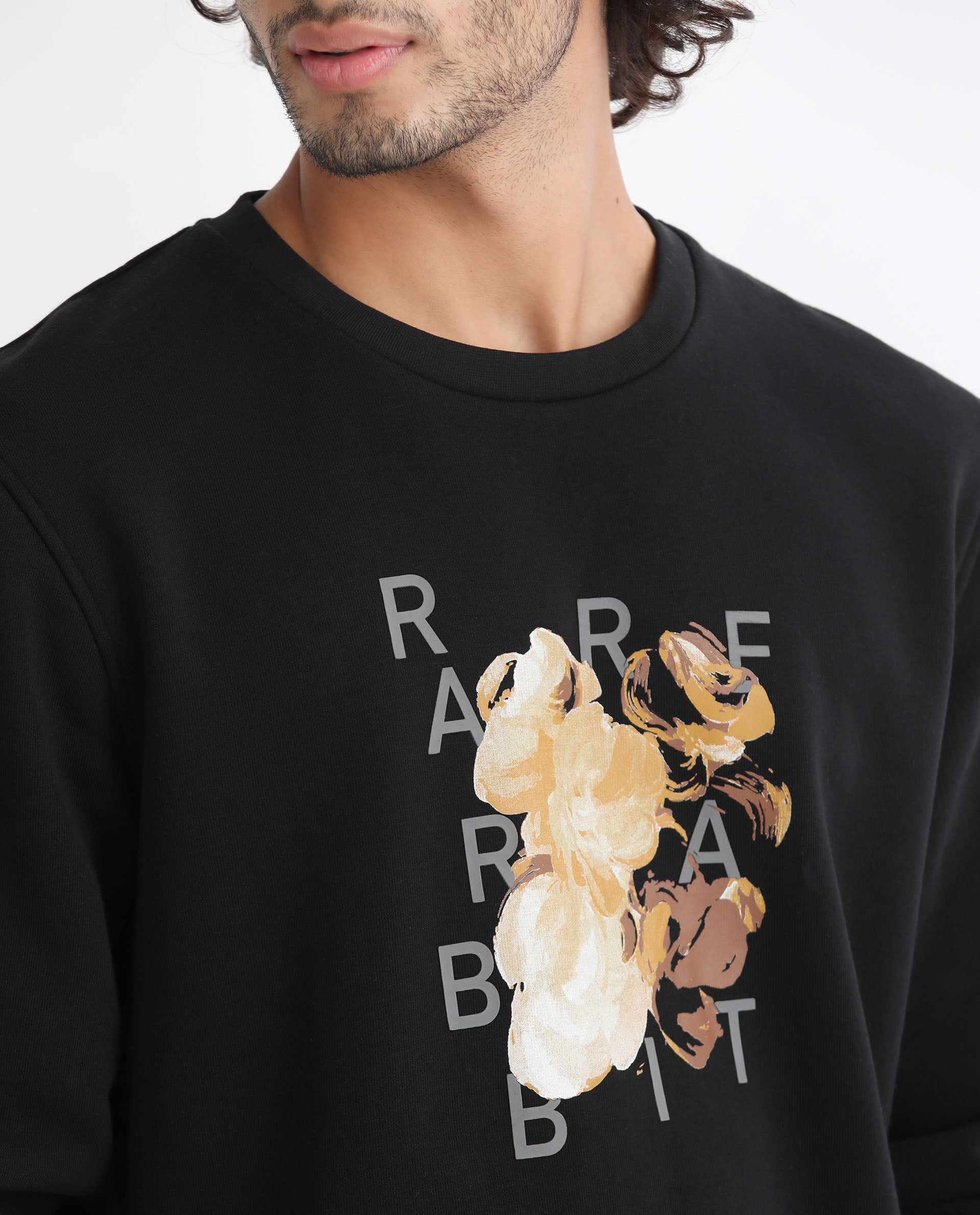 Rare Rabbit Men's Notic Black Cotton Polyester Fabric Full Sleeves Abstract Floral Print Sweatshirt