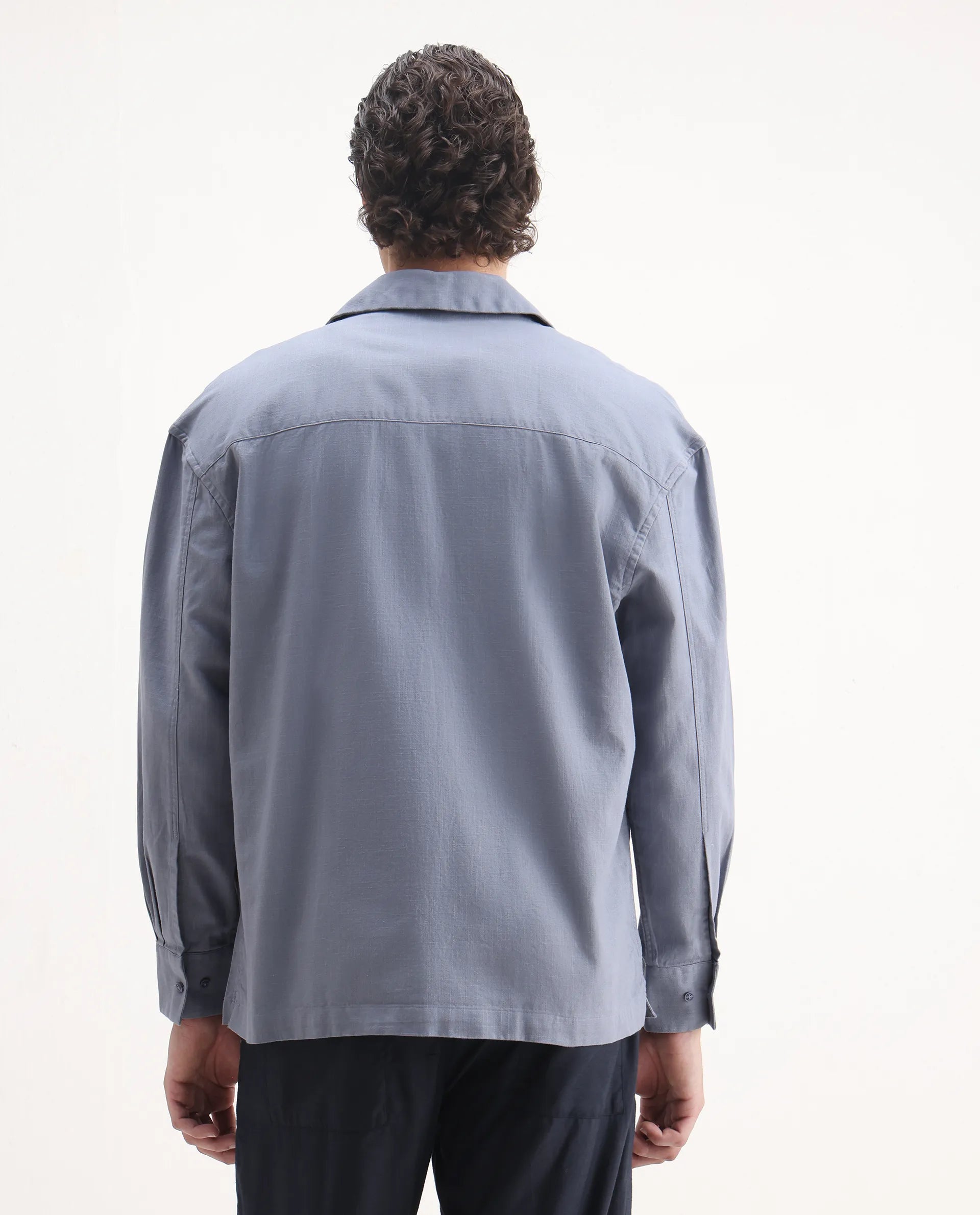 Rare Rabbit Men's Noyon Light Blue Cotton Embroidered Relaxed Fit Full Sleeve Cuban Collar Shirt