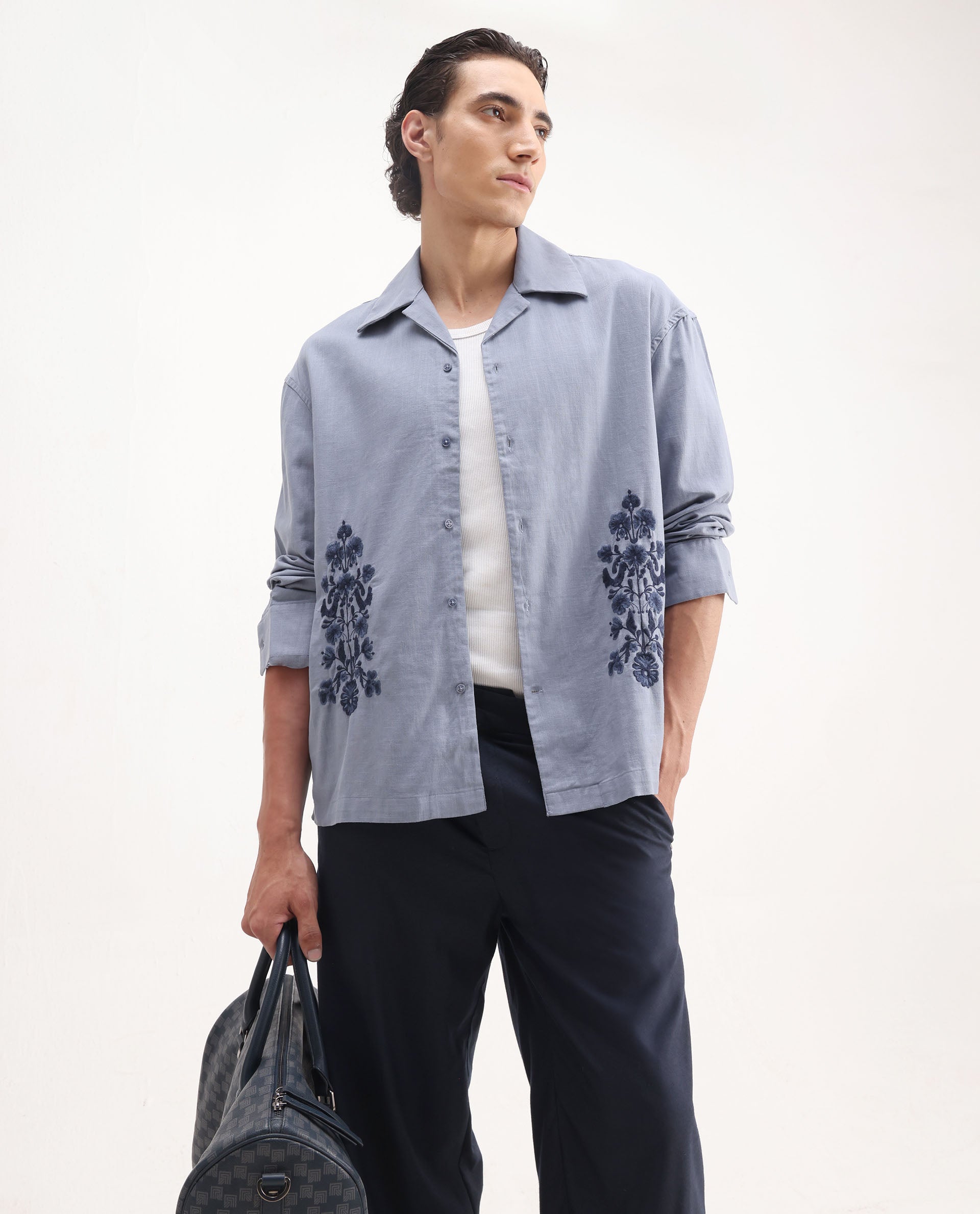 Rare Rabbit Men's Noyon Light Blue Cotton Embroidered Relaxed Fit Full Sleeve Cuban Collar Shirt