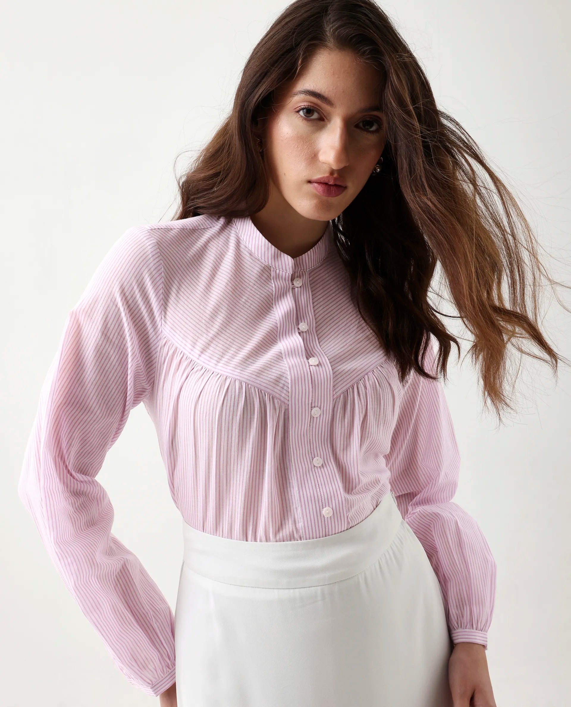 Rareism Women's Nubelo Purple Cotton Mandarin Collar Regular Fit Top