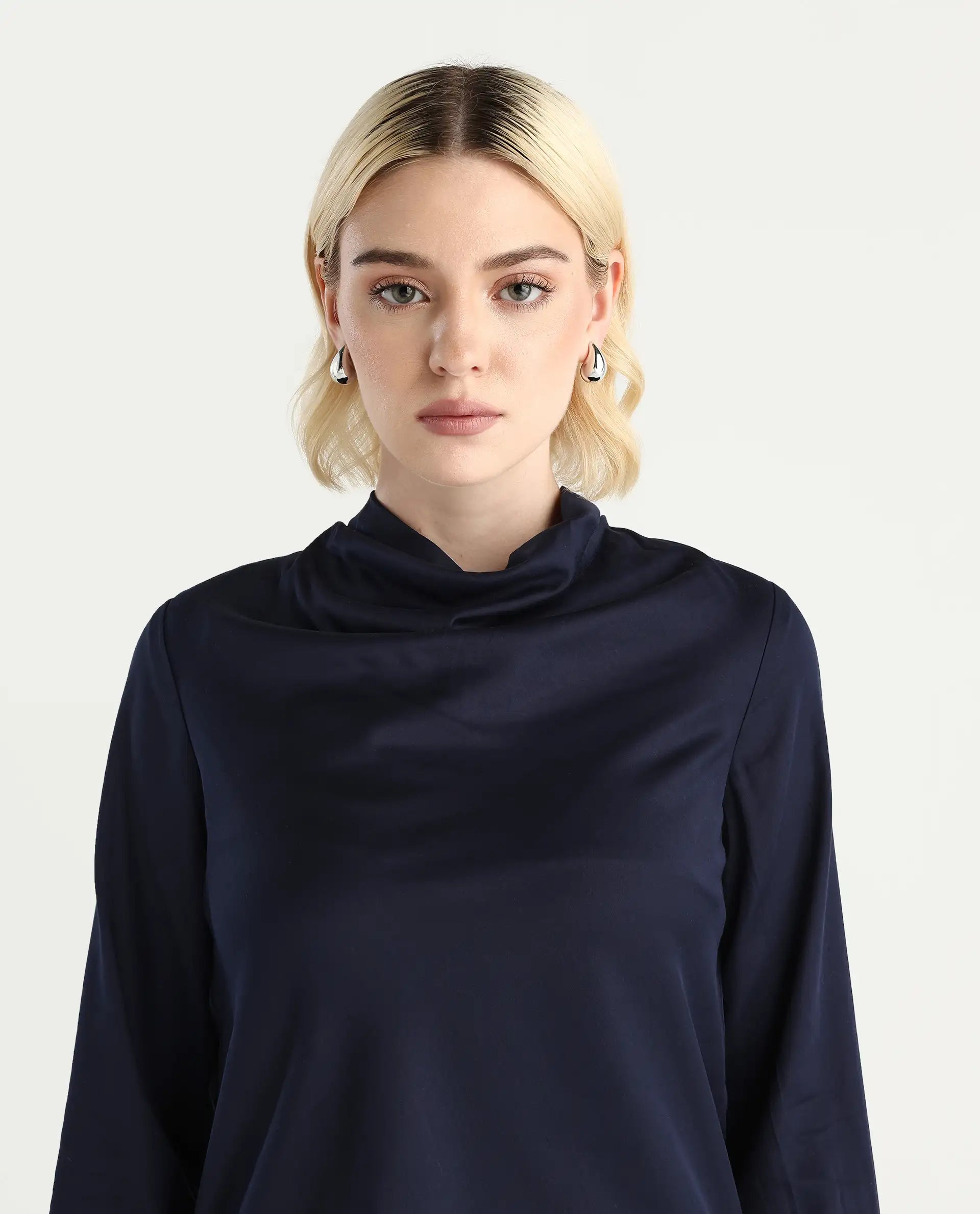 Rareism Women's Nujuno Navy Cotton Blend Bishop Sleeve Cowl Neck Regular Fit Plain Top