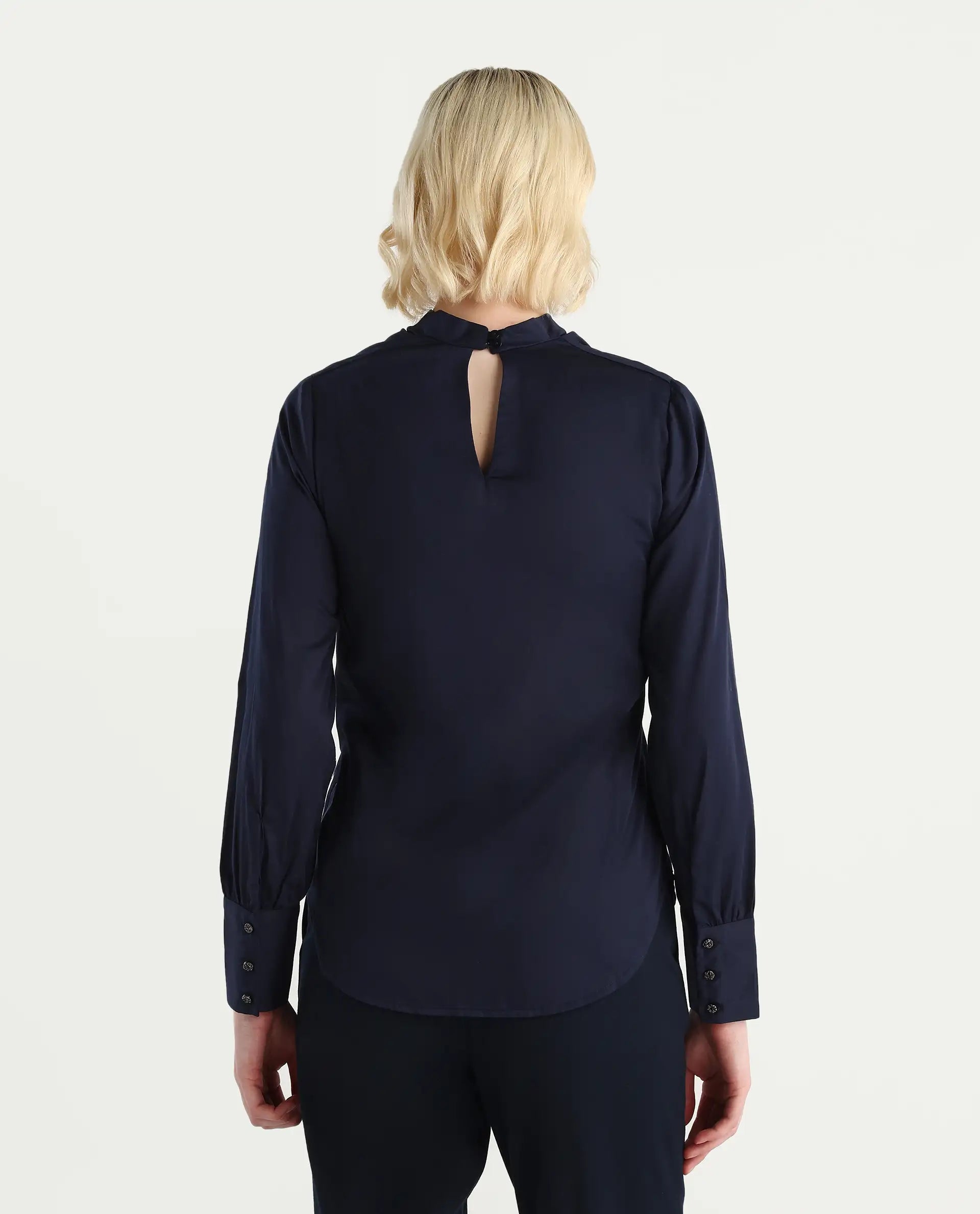 Rareism Women's Nujuno Navy Cotton Blend Bishop Sleeve Cowl Neck Regular Fit Plain Top