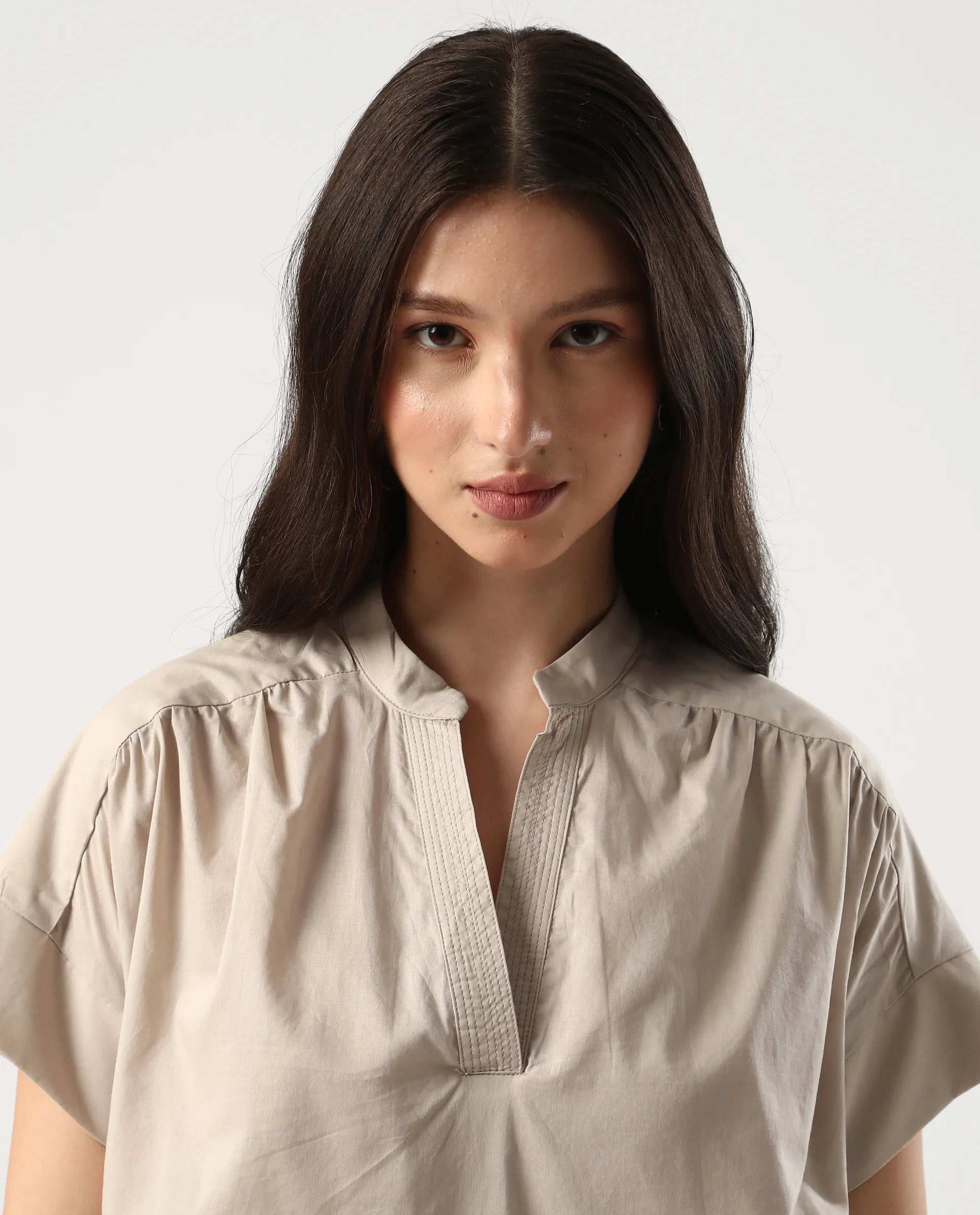 Rareism Women's Nupto Beige Cotton Mandarin Collar Relaxed Fit Plain Top