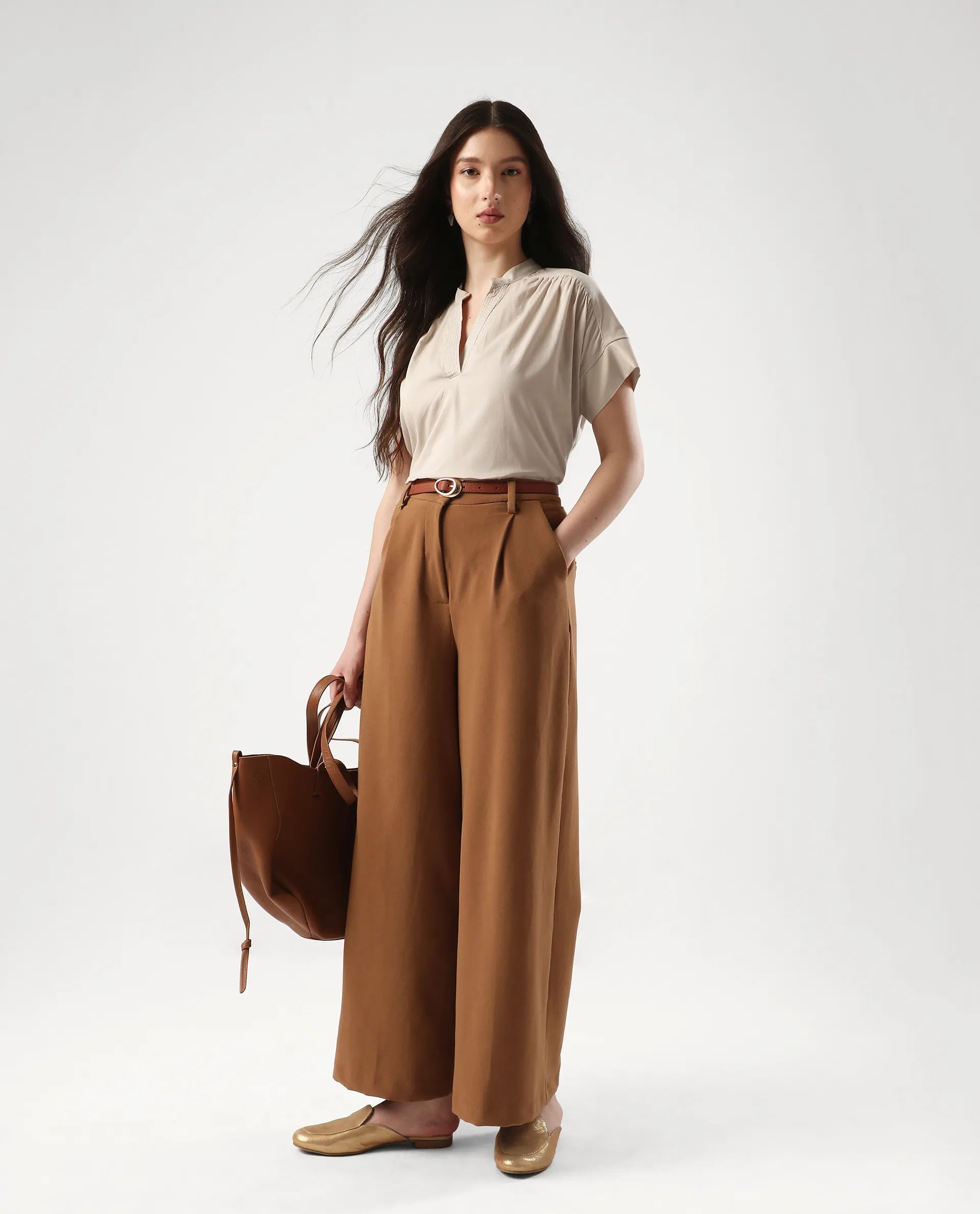 Rareism Women's Nupto Beige Cotton Mandarin Collar Relaxed Fit Plain Top