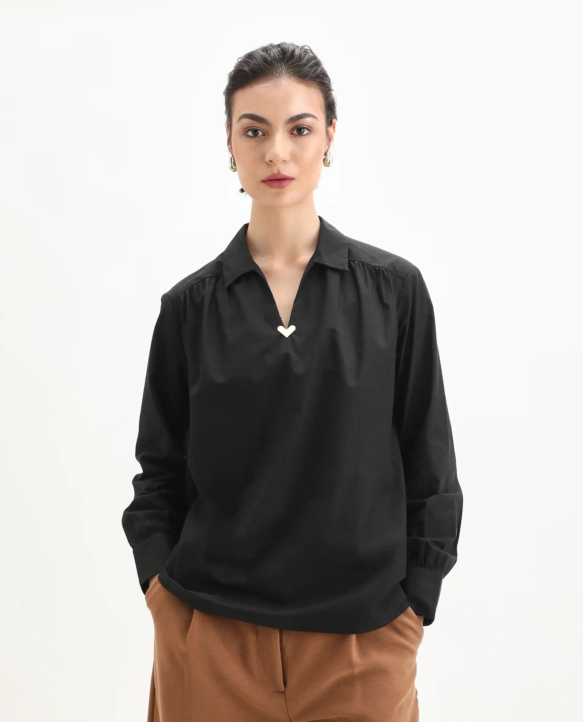Rareism Women's Nurat Black Cotton Cuffed Sleeve Collared Neck Regular Fit Plain Top