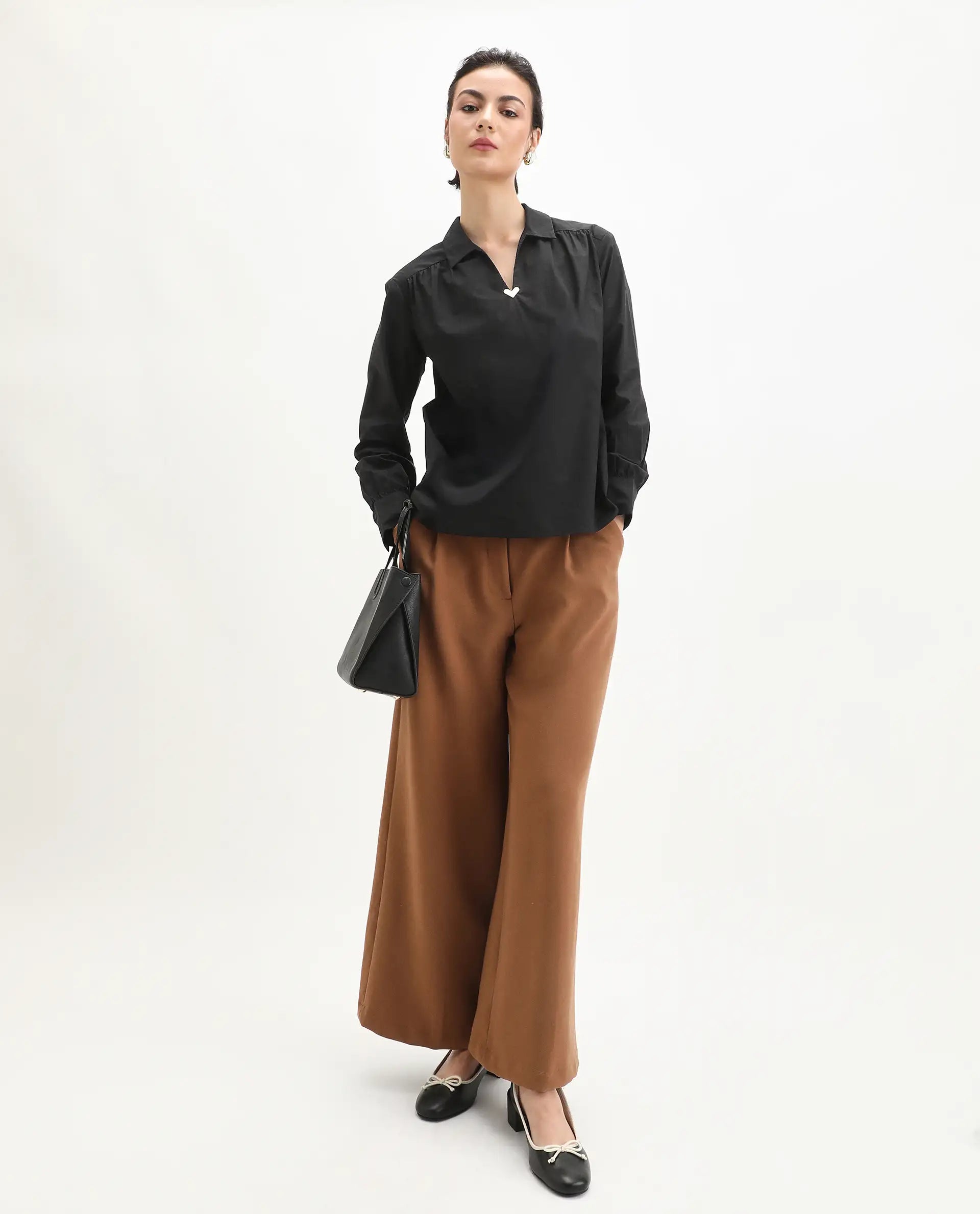 Rareism Women's Nurat Black Cotton Cuffed Sleeve Collared Neck Regular Fit Plain Top