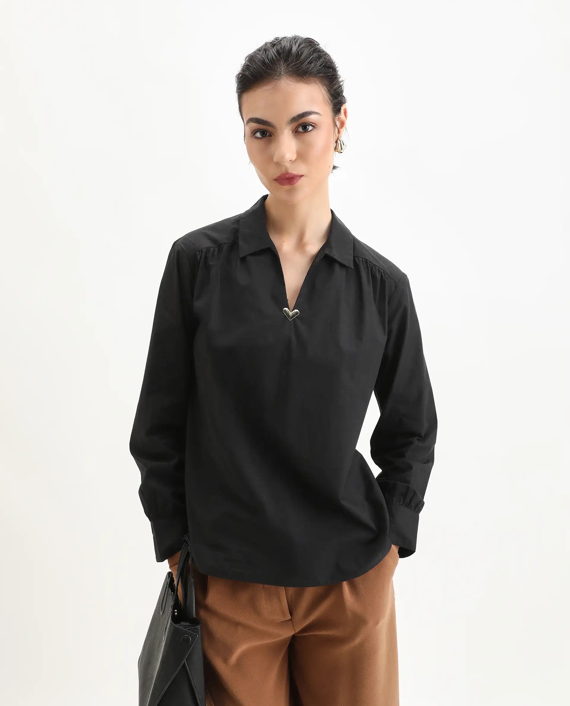 Rareism Women's Nurat Black Cotton Cuffed Sleeve Collared Neck Regular Fit Plain Top