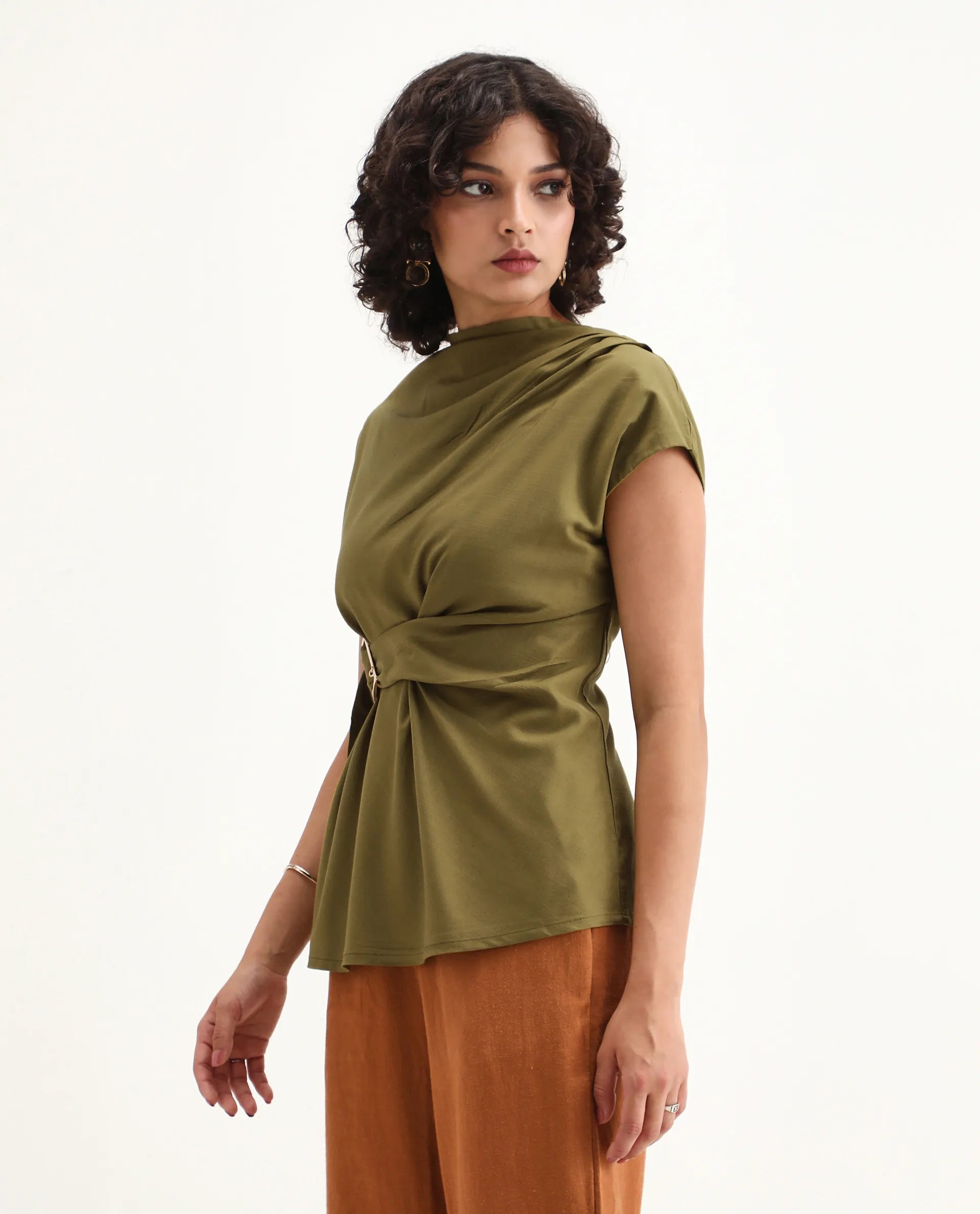 Rareism Women's Nusero Olive Nylon Viscose Cowl Neck Regular Fit Plain Top