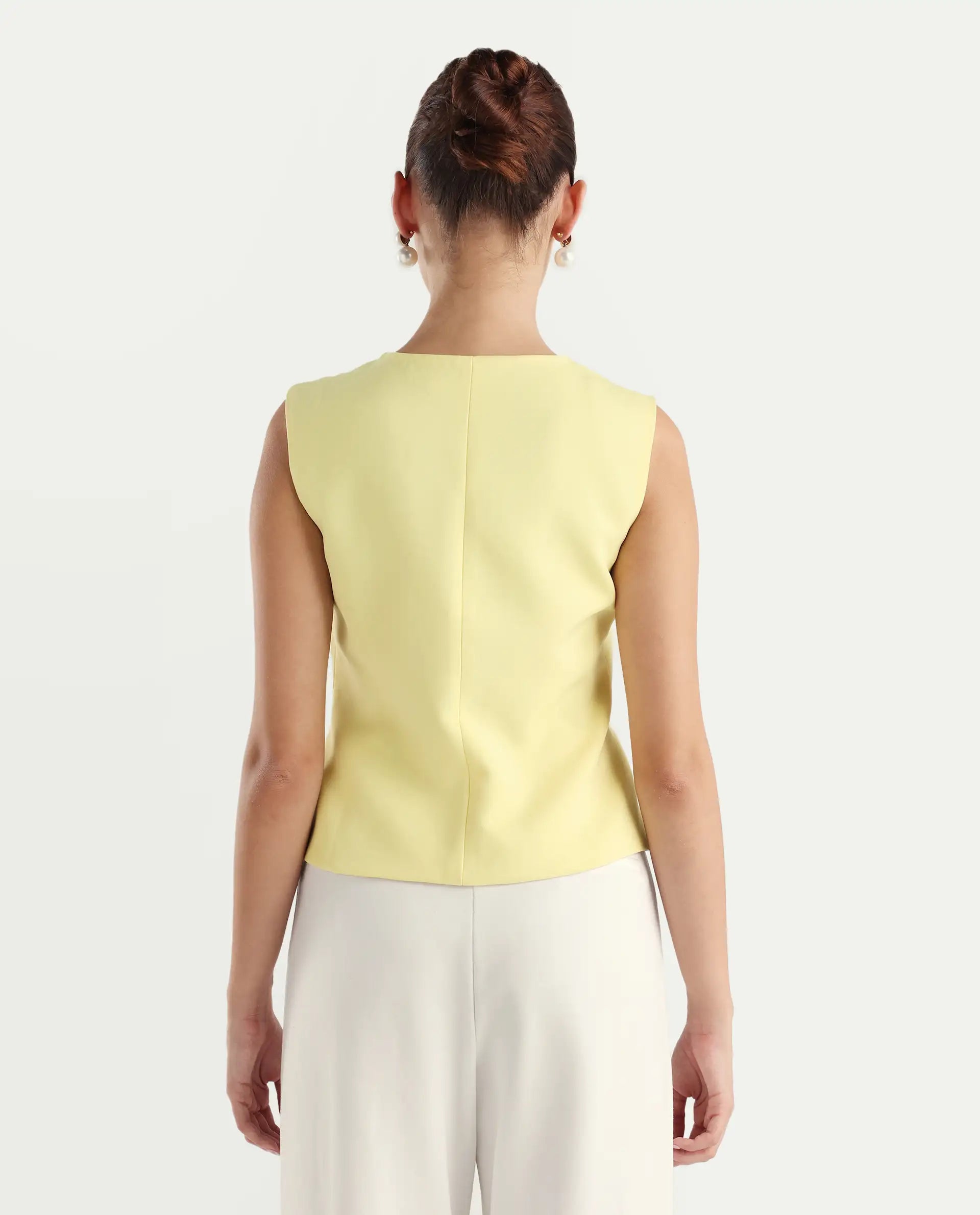 Rareism Women Nuva-T Yellow V-Neck Button Fitted Plain Top