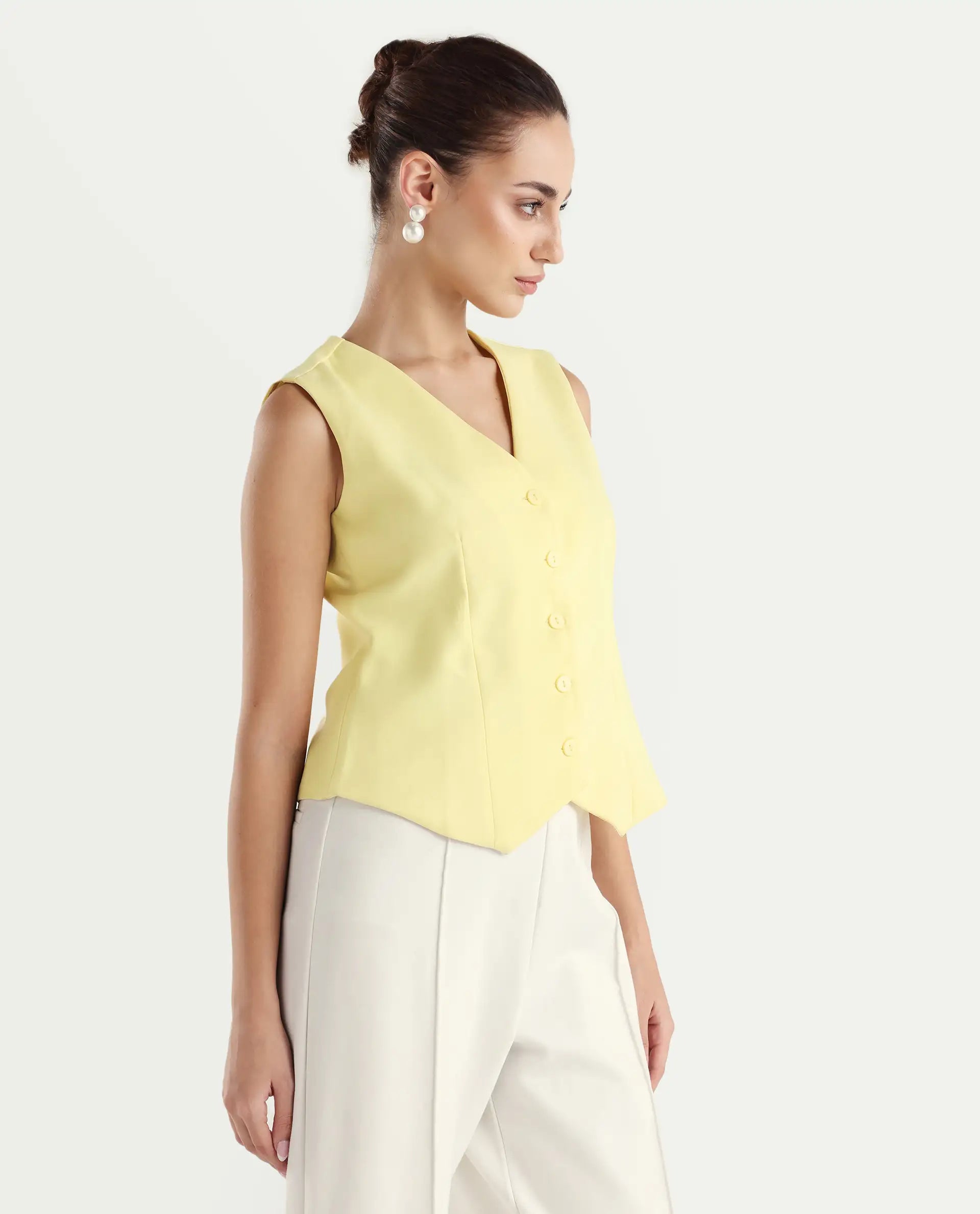 Rareism Women Nuva-T Yellow V-Neck Button Fitted Plain Top