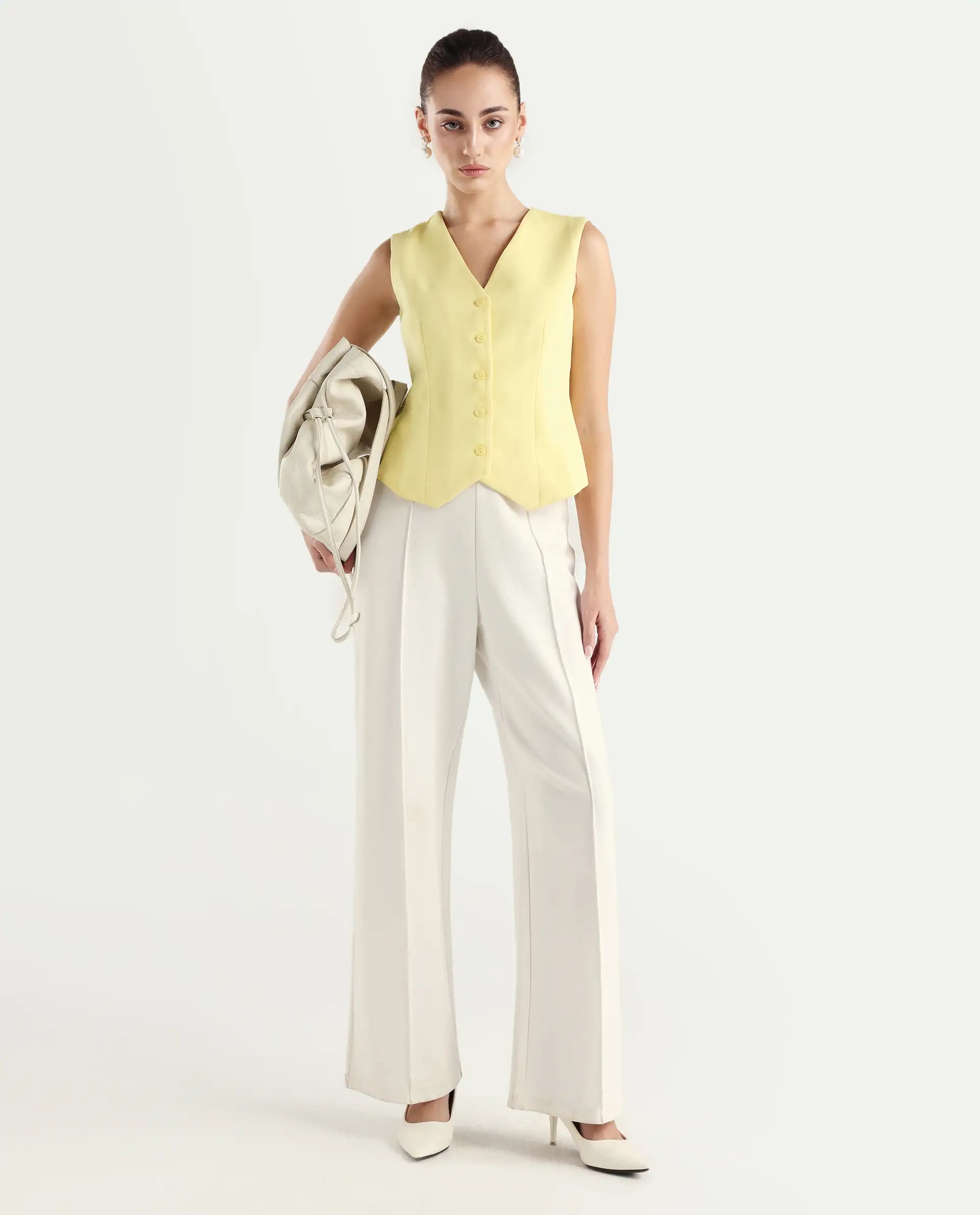 Rareism Women Nuva-T Yellow V-Neck Button Fitted Plain Top