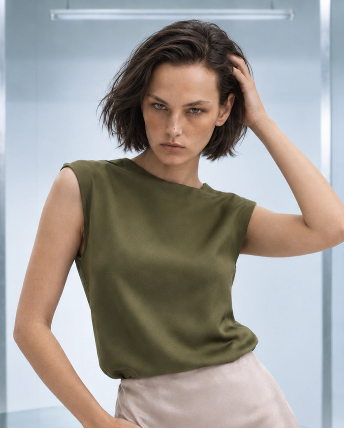Rareism Women's Odil Olive Polyester Button Regular Fit Plain Top