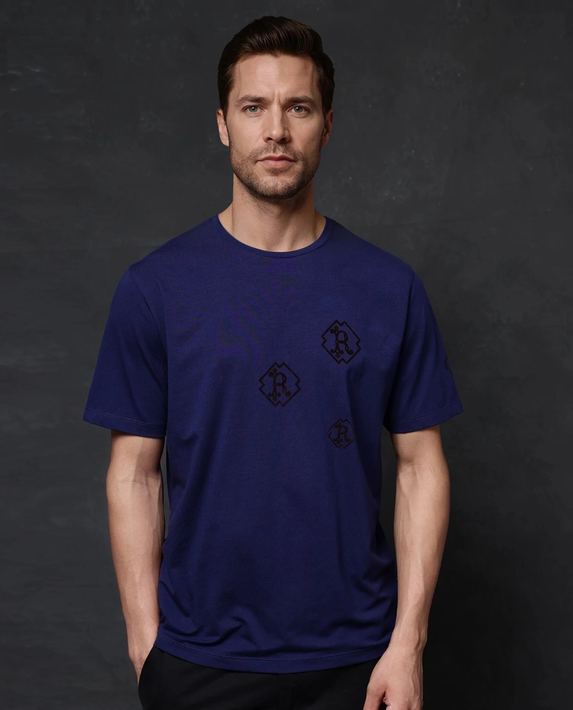 Rare Rabbit Men Odon Navy Cotton Lycra Fabric Short Sleeve Crew Neck Regular Fit Graphic Flock Print T-Shirt