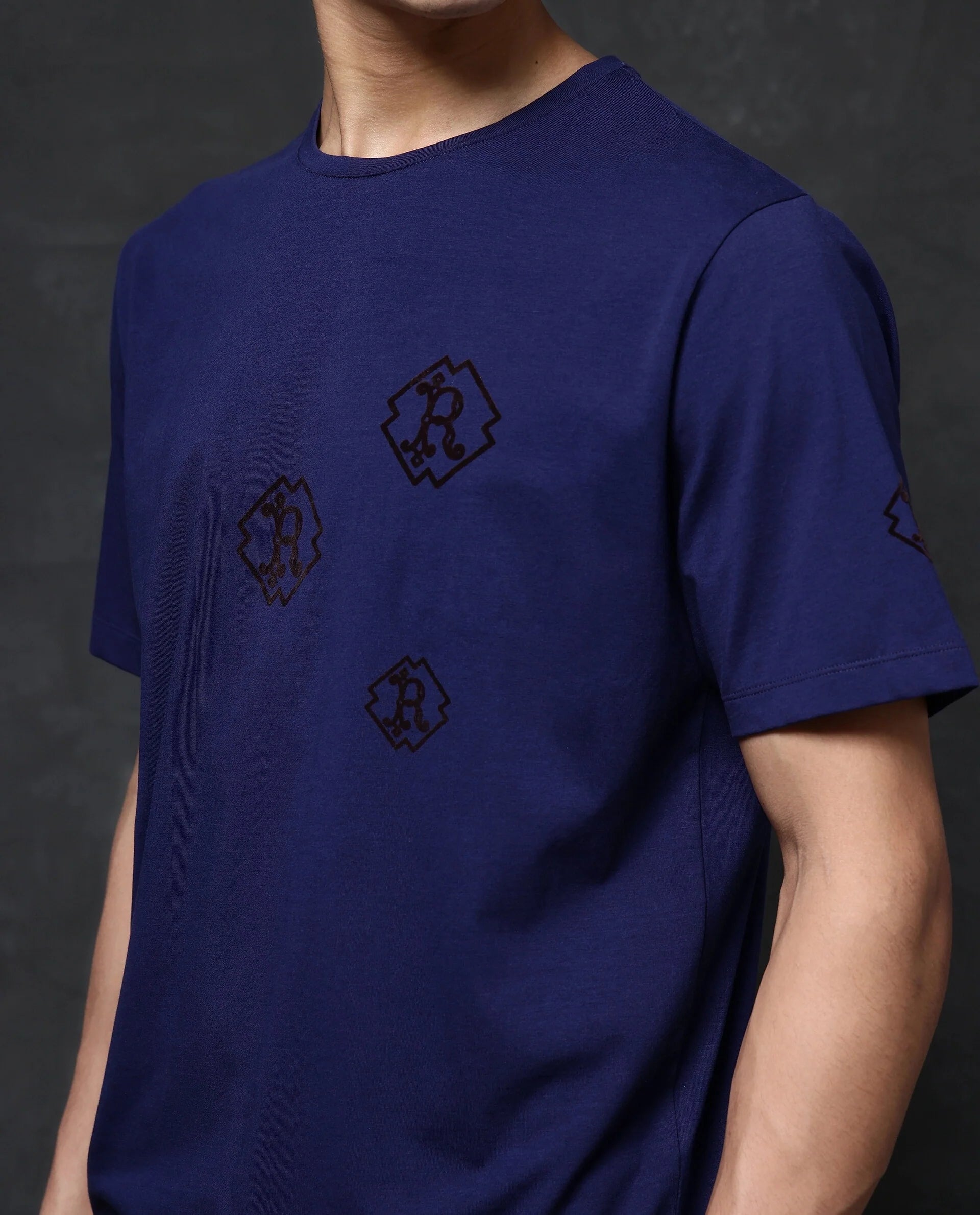 Rare Rabbit Men Odon Navy Cotton Lycra Fabric Short Sleeve Crew Neck Regular Fit Graphic Flock Print T-Shirt