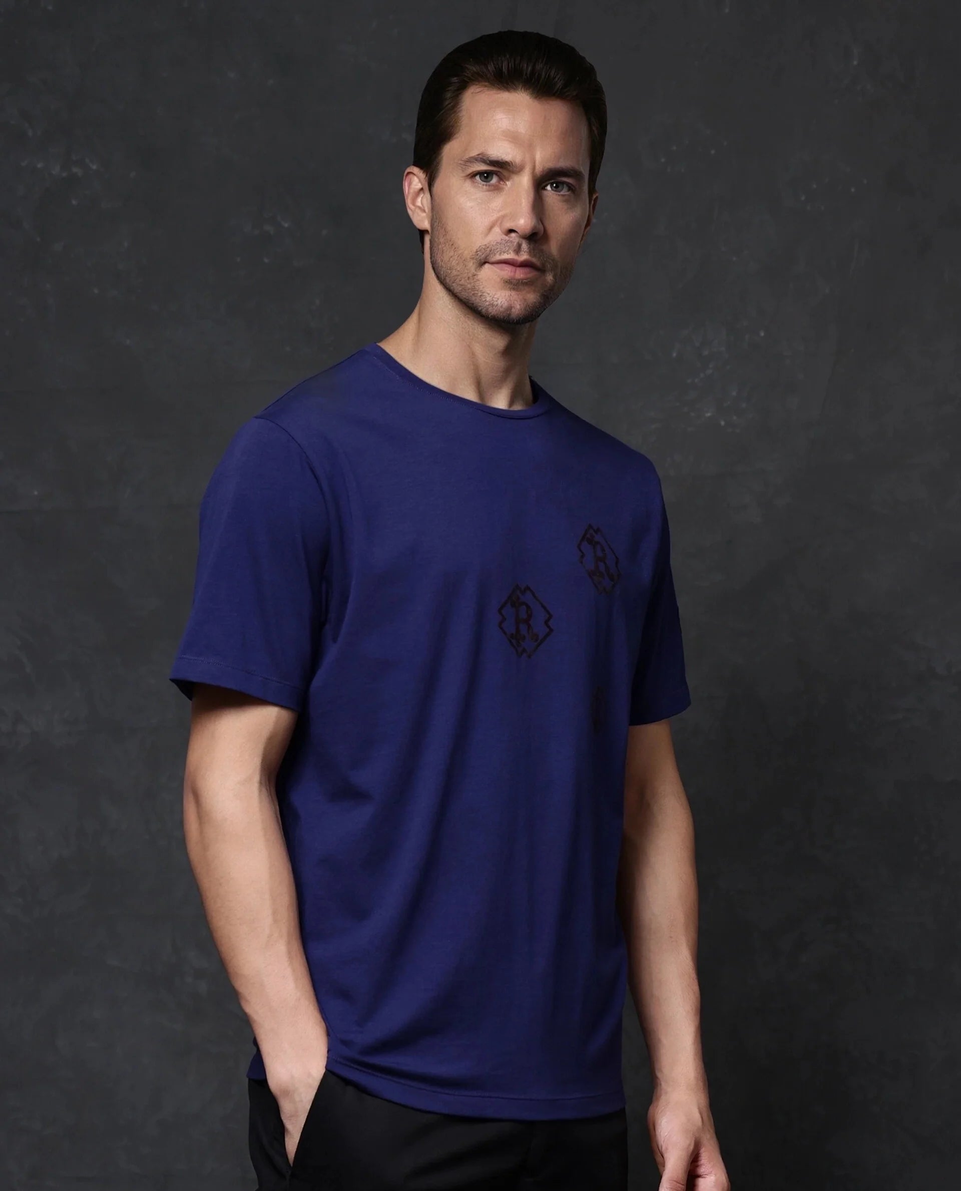 Rare Rabbit Men Odon Navy Cotton Lycra Fabric Short Sleeve Crew Neck Regular Fit Graphic Flock Print T-Shirt