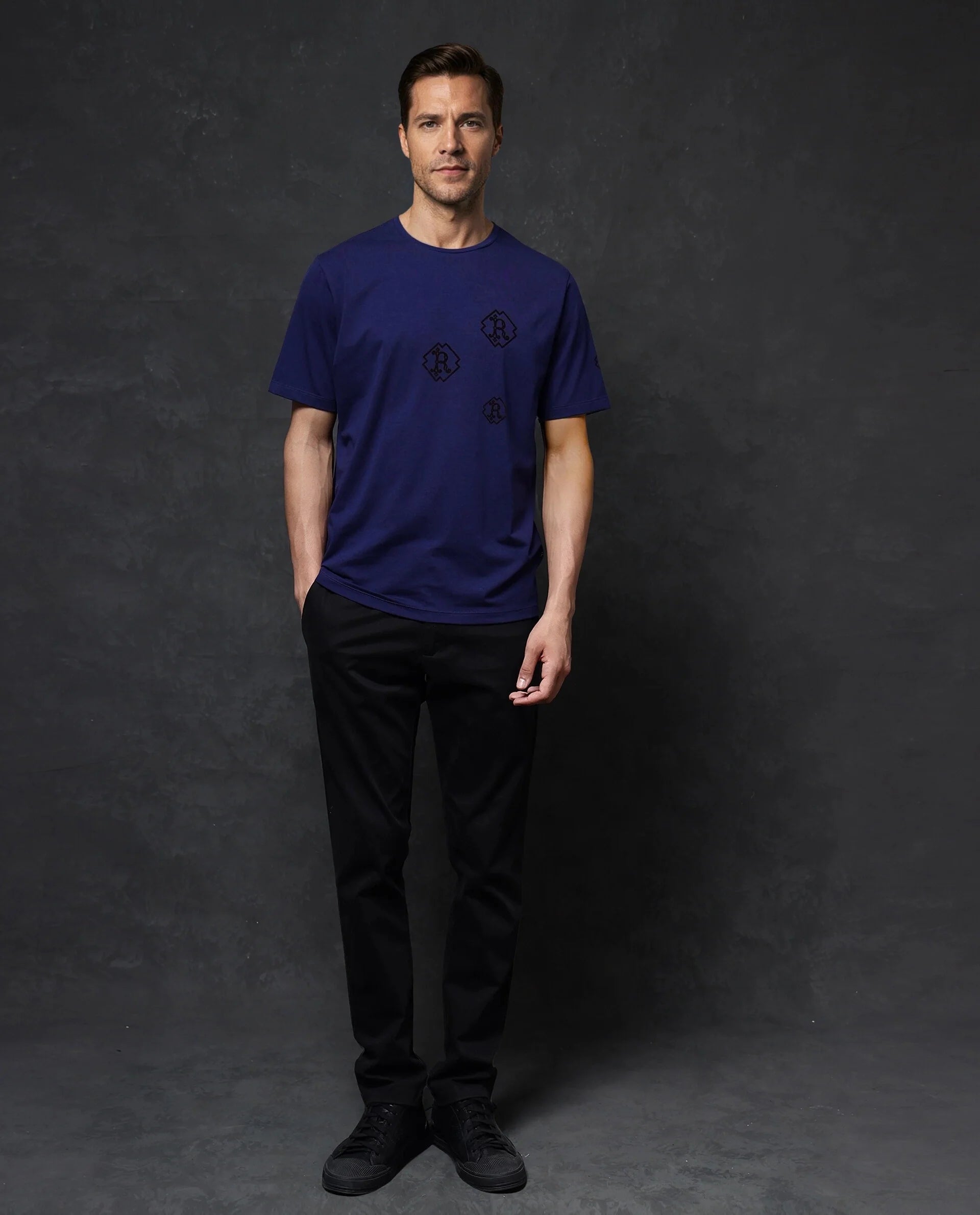 Rare Rabbit Men Odon Navy Cotton Lycra Fabric Short Sleeve Crew Neck Regular Fit Graphic Flock Print T-Shirt