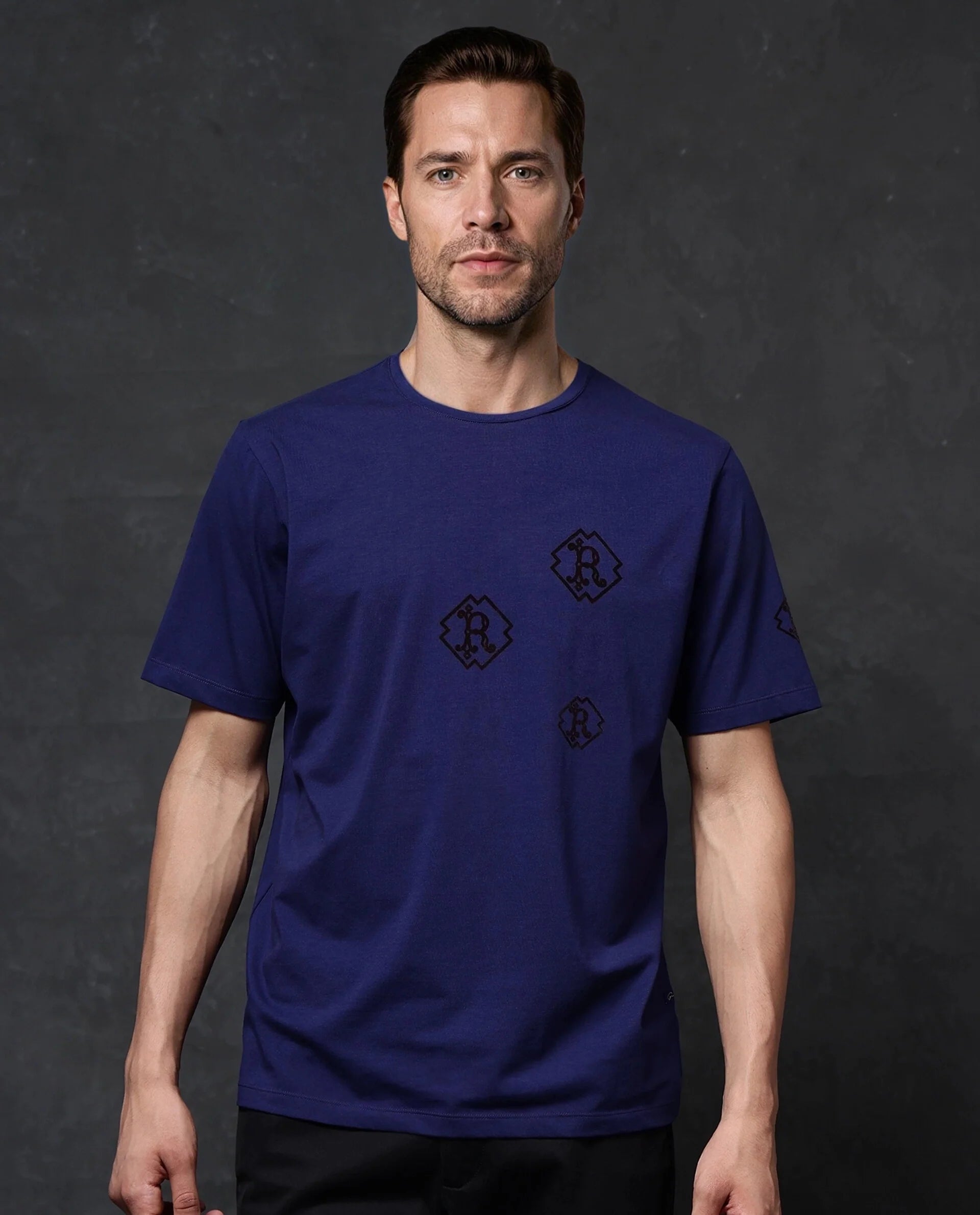 Rare Rabbit Men Odon Navy Cotton Lycra Fabric Short Sleeve Crew Neck Regular Fit Graphic Flock Print T-Shirt