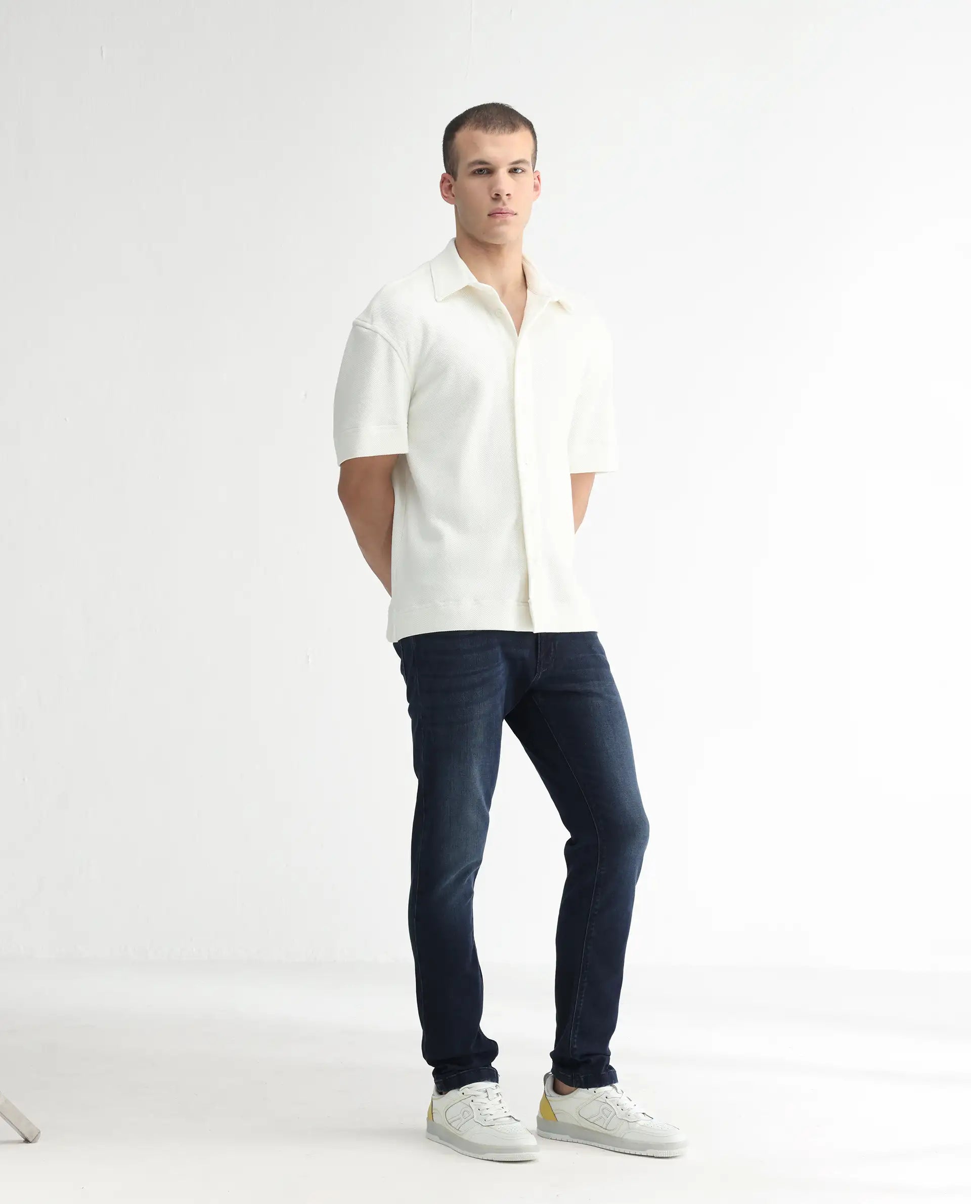 Rare Rabbit Men's Oeko Navy Cotton Plain Hawk Slim Fit Jeans