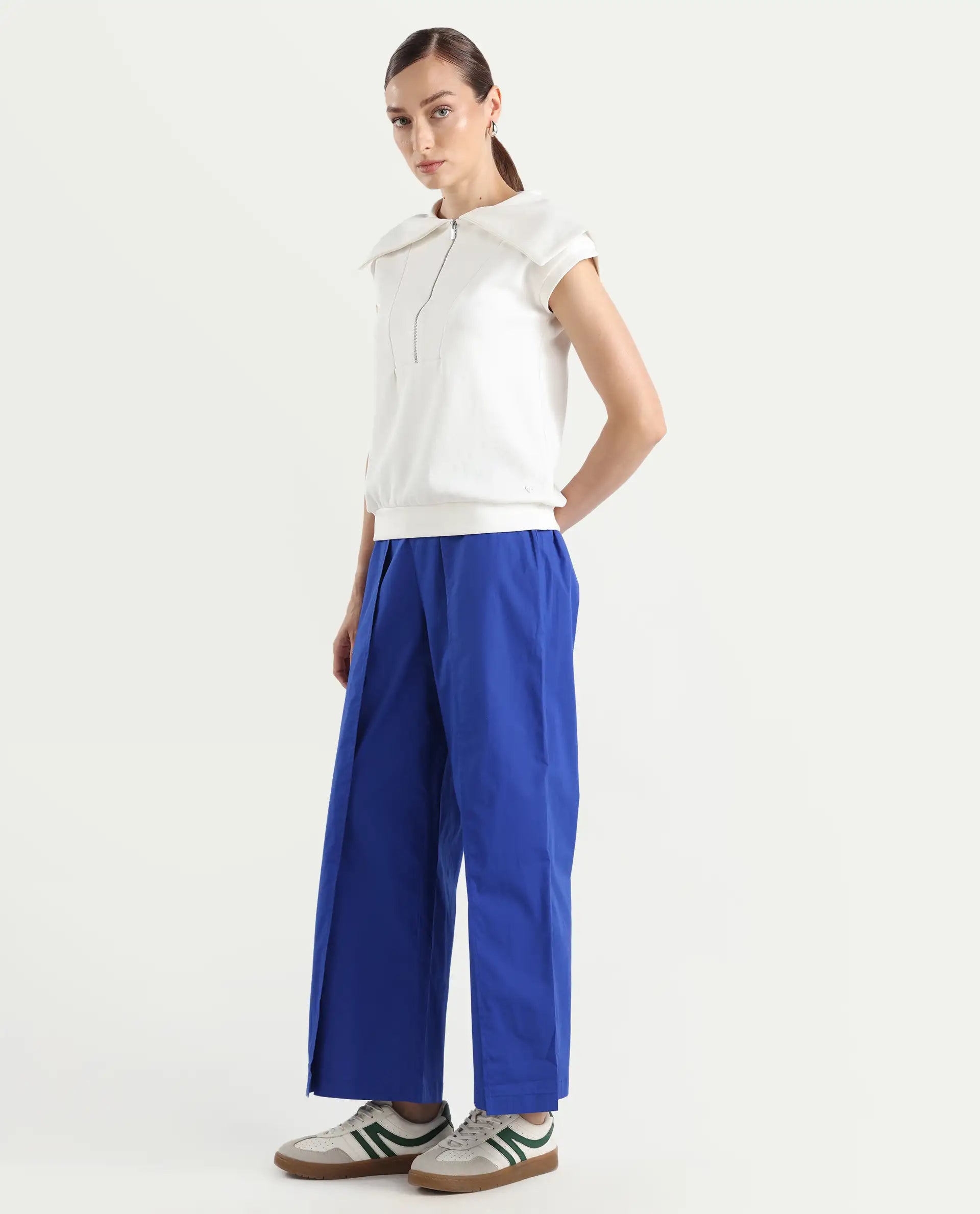 Rareism Women's Oipi Blue Cotton Blend Plain Ankle Length Wide Trouser