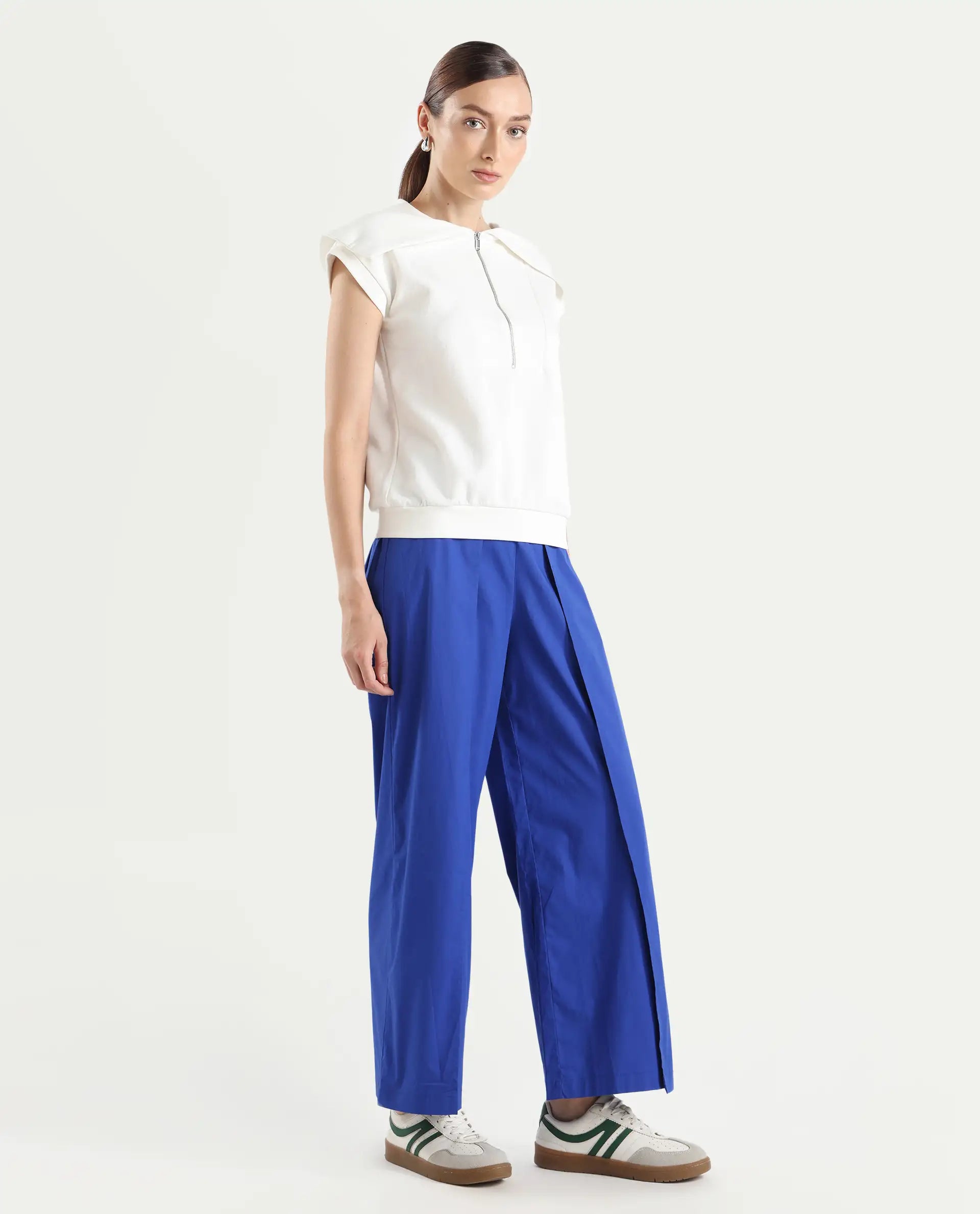Rareism Women's Oipi Blue Cotton Blend Plain Ankle Length Wide Trouser