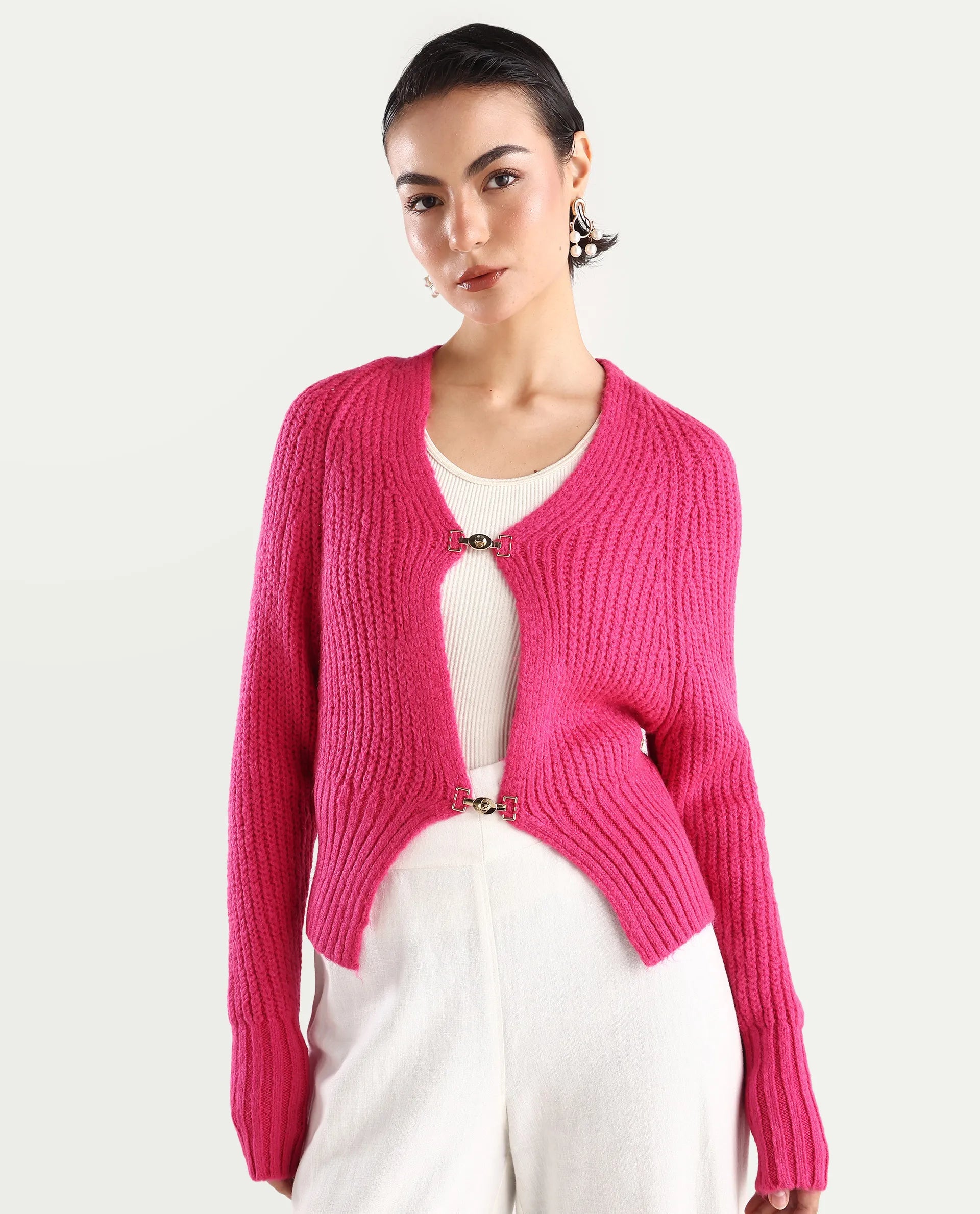 Rareism Women's Okali Pink V-Neck Plain Regular Fit Cardigan