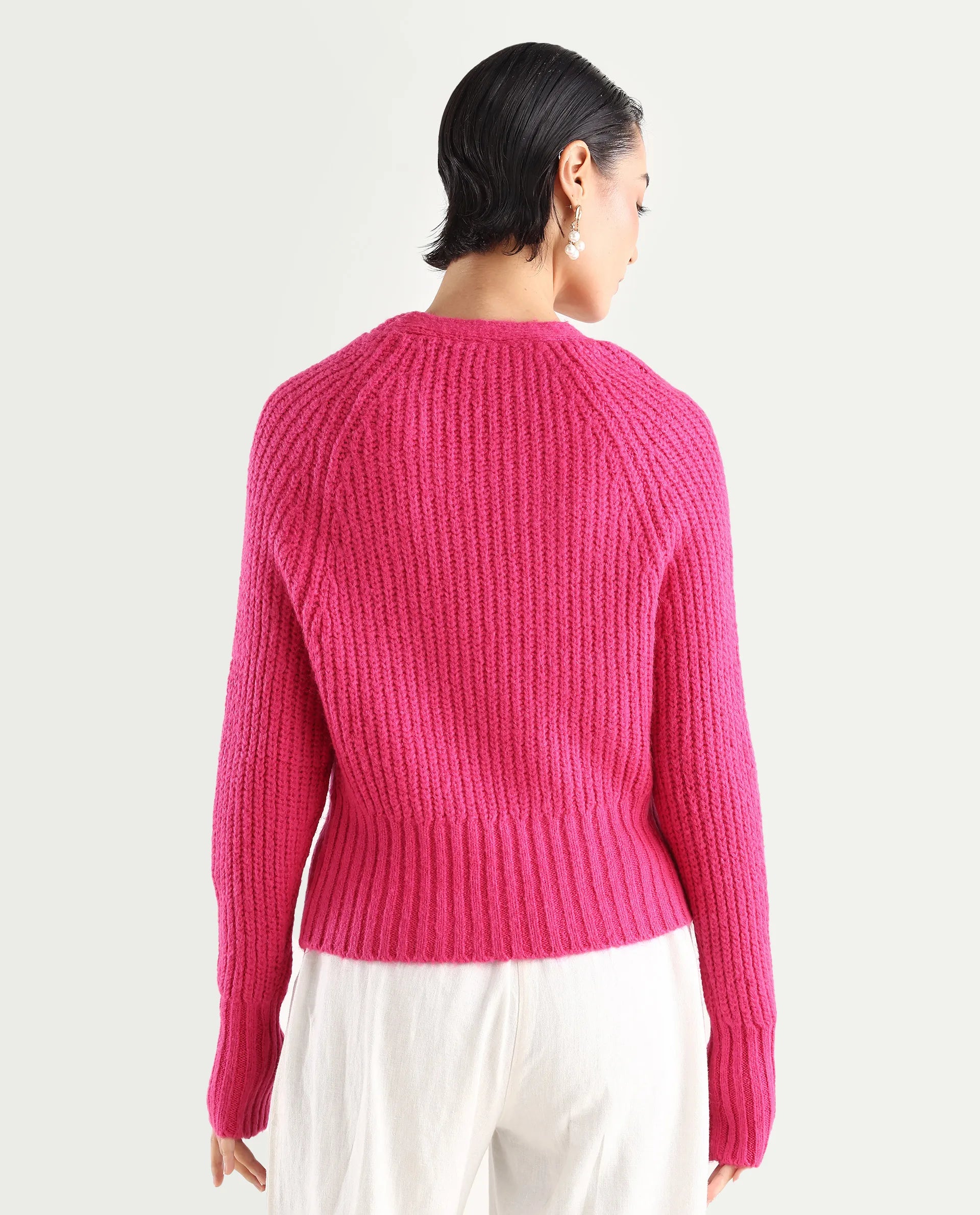 Rareism Women's Okali Pink V-Neck Plain Regular Fit Cardigan