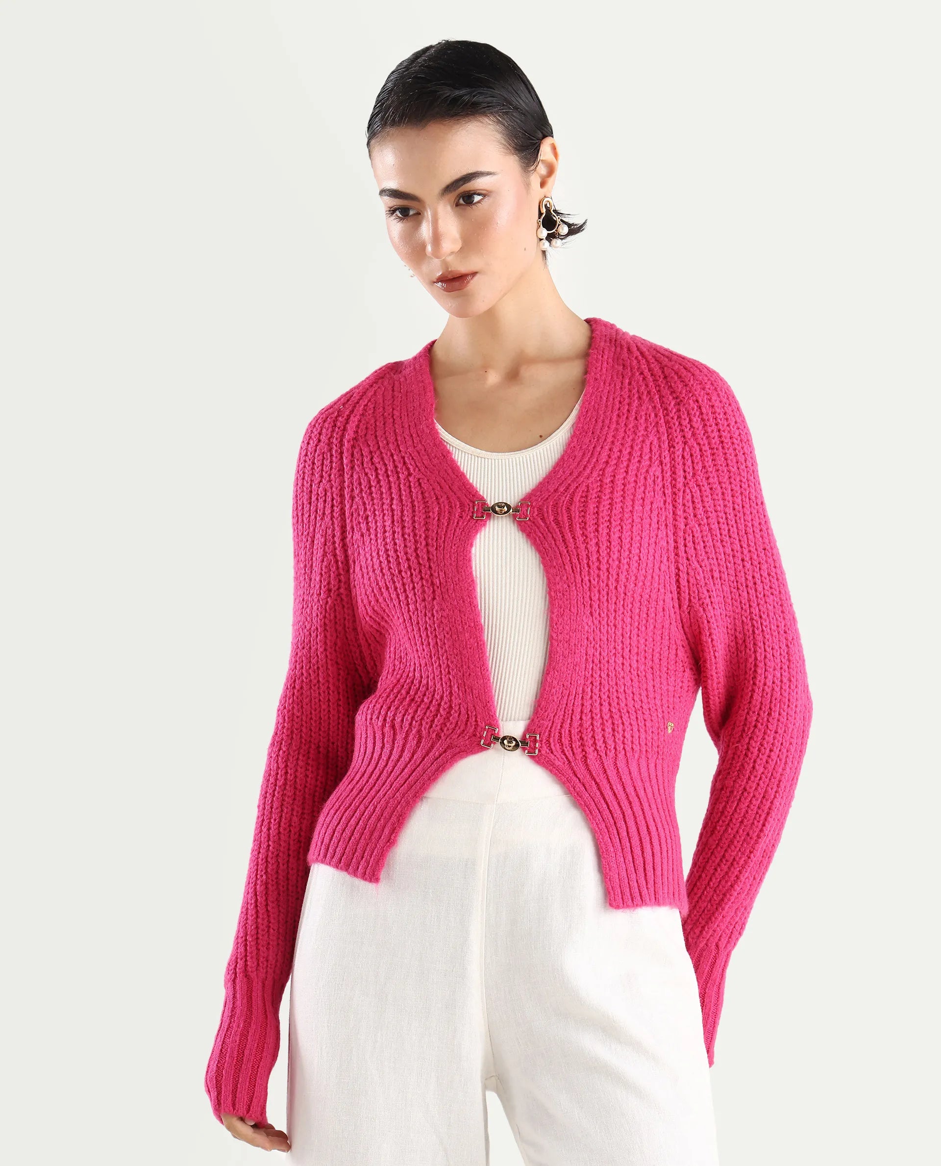 Rareism Women's Okali Pink V-Neck Plain Regular Fit Cardigan