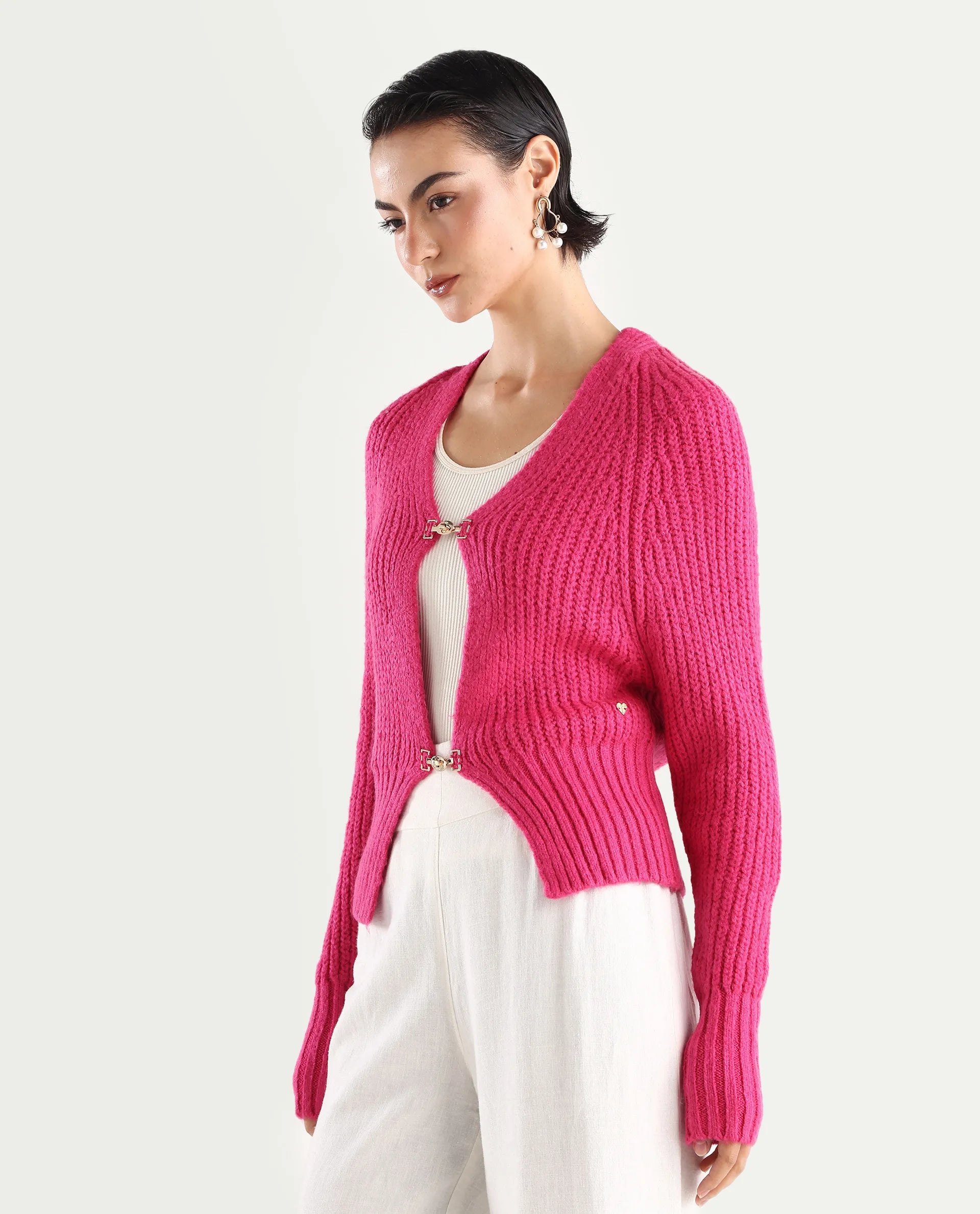 Rareism Women's Okali Pink V-Neck Plain Regular Fit Cardigan