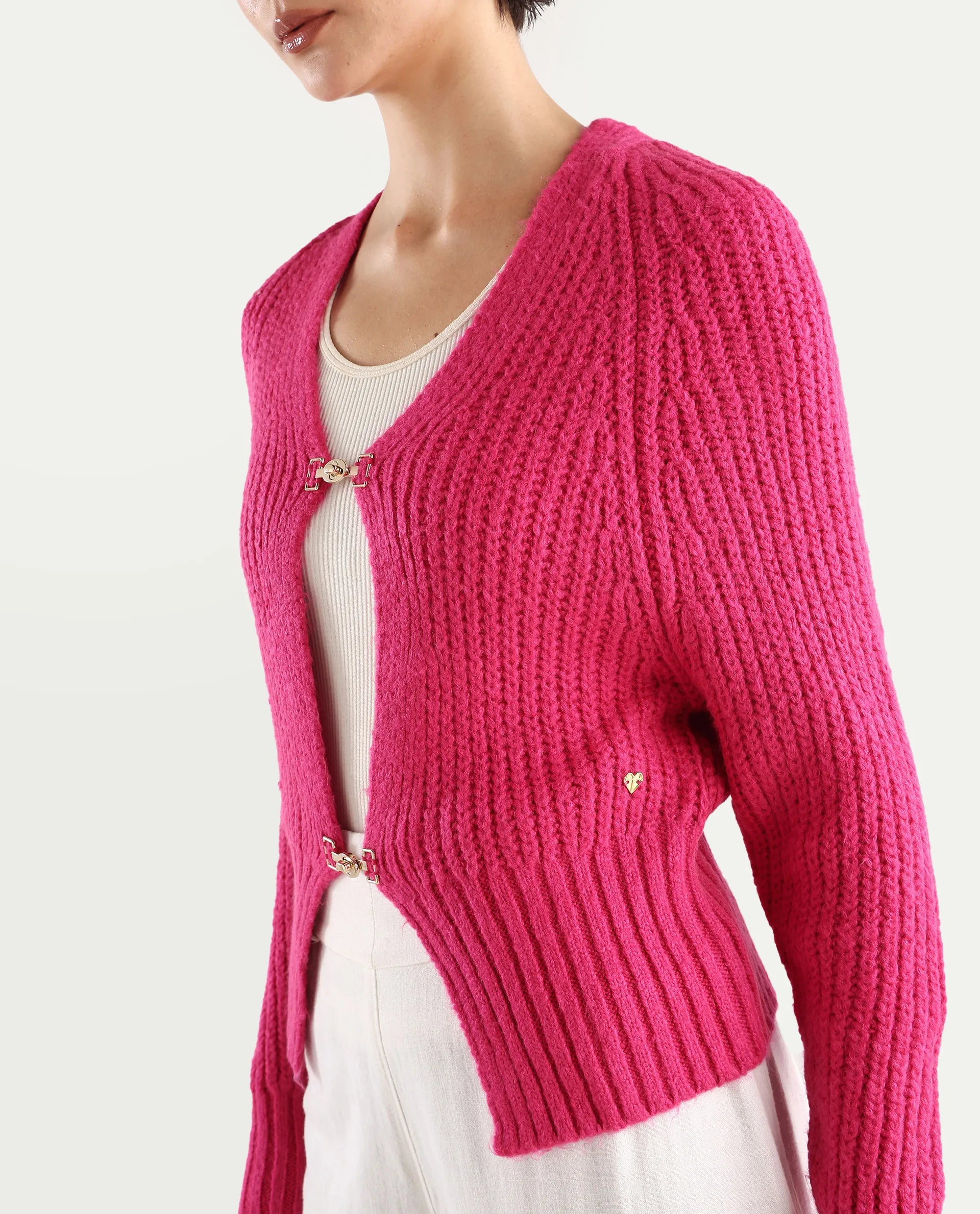 Rareism Women's Okali Pink V-Neck Plain Regular Fit Cardigan
