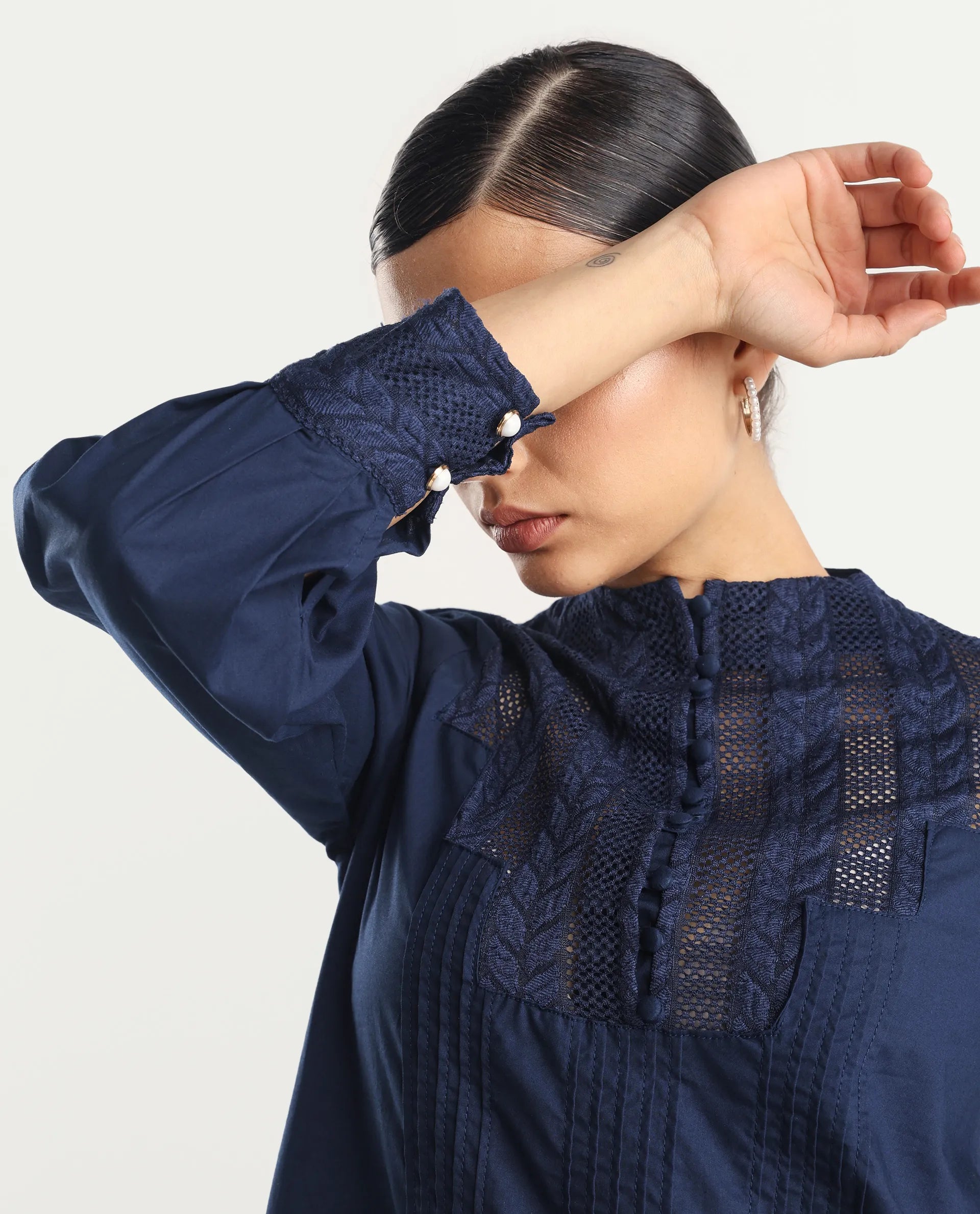 Rareism Women's Olafi Navy Cotton High Neck Plain Bishop Sleeve Regular Fit Top