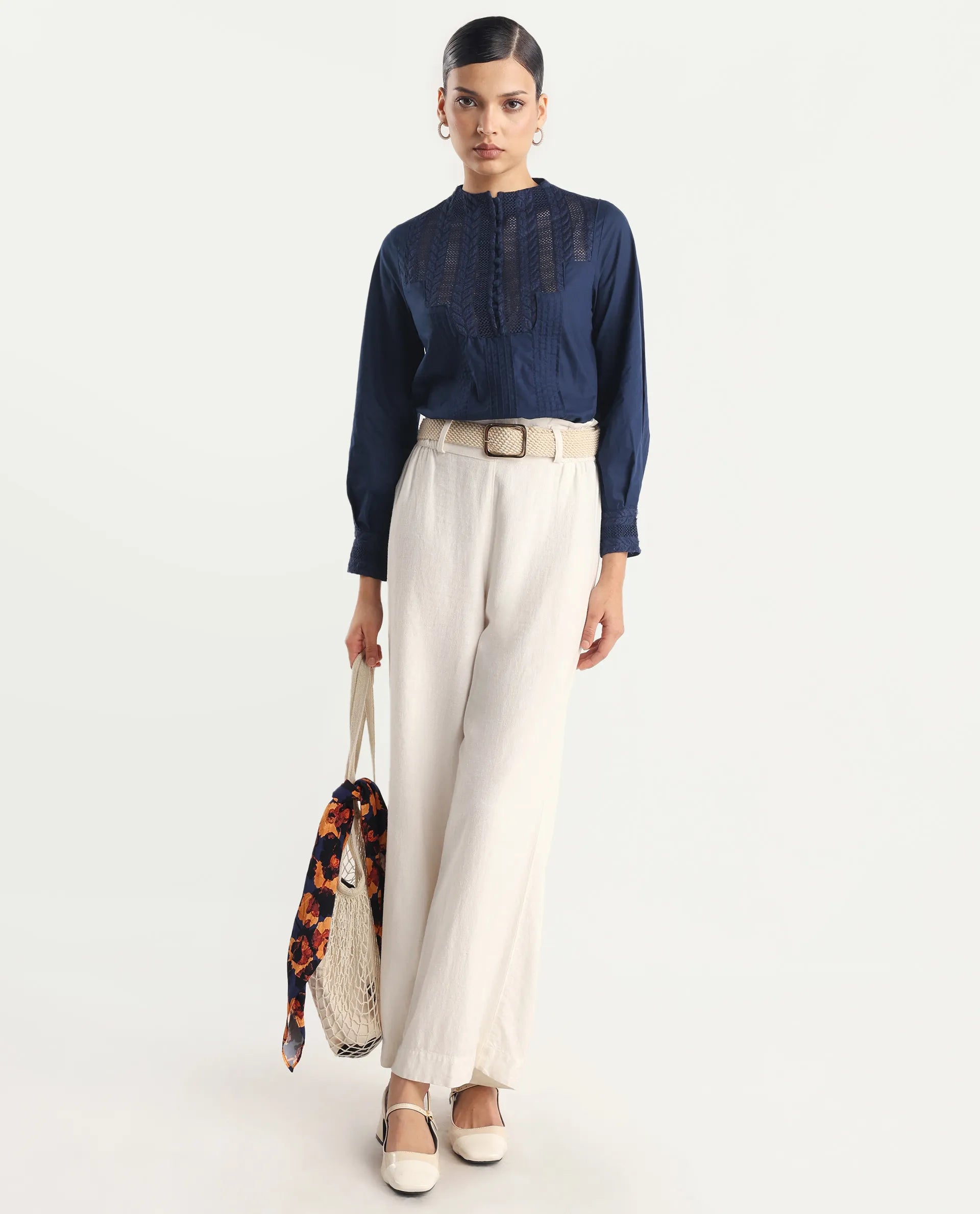 Rareism Women's Olafi Navy Cotton High Neck Plain Bishop Sleeve Regular Fit Top