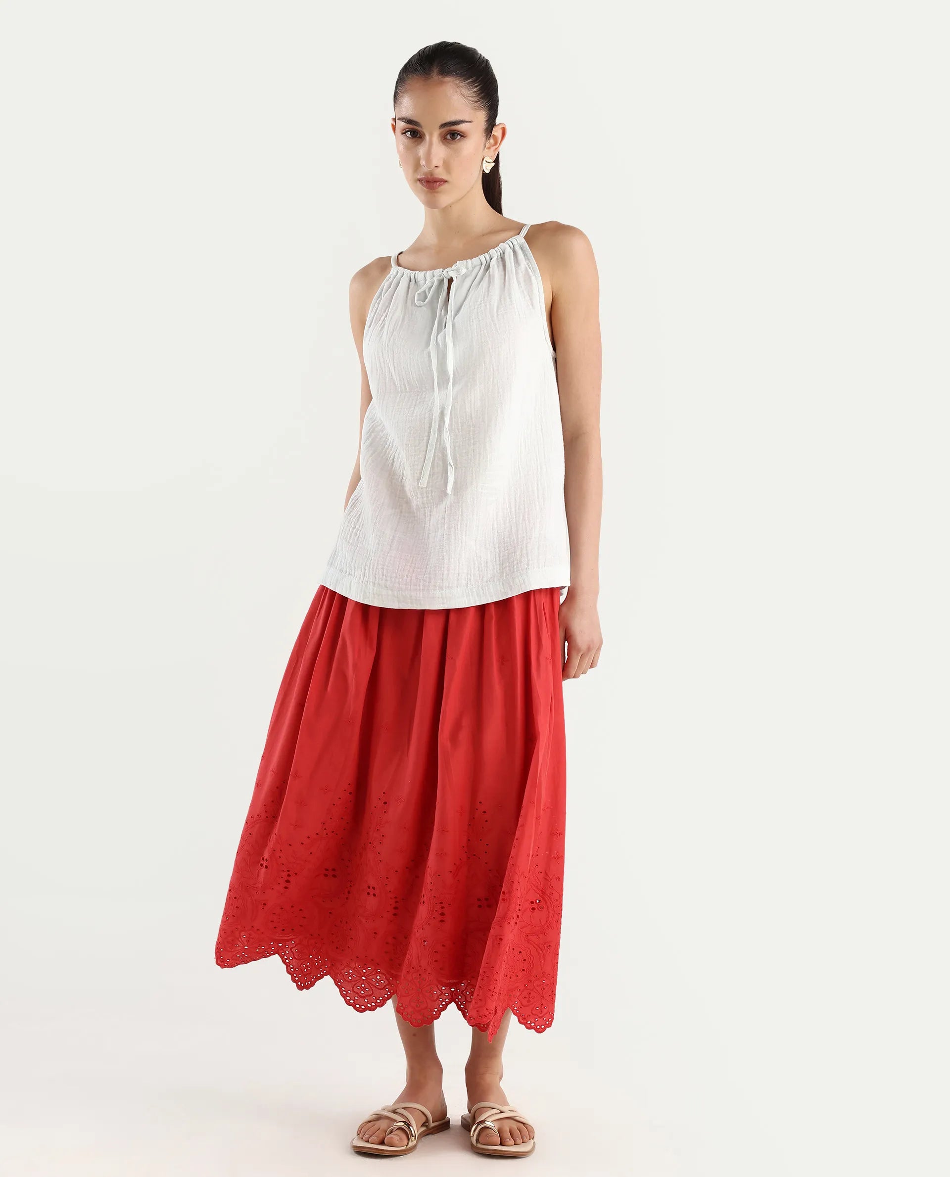 Rareism Women's Oliya Off White Cotton Blend Halter Neck Tropical Print Sleeveless Regular Fit Top