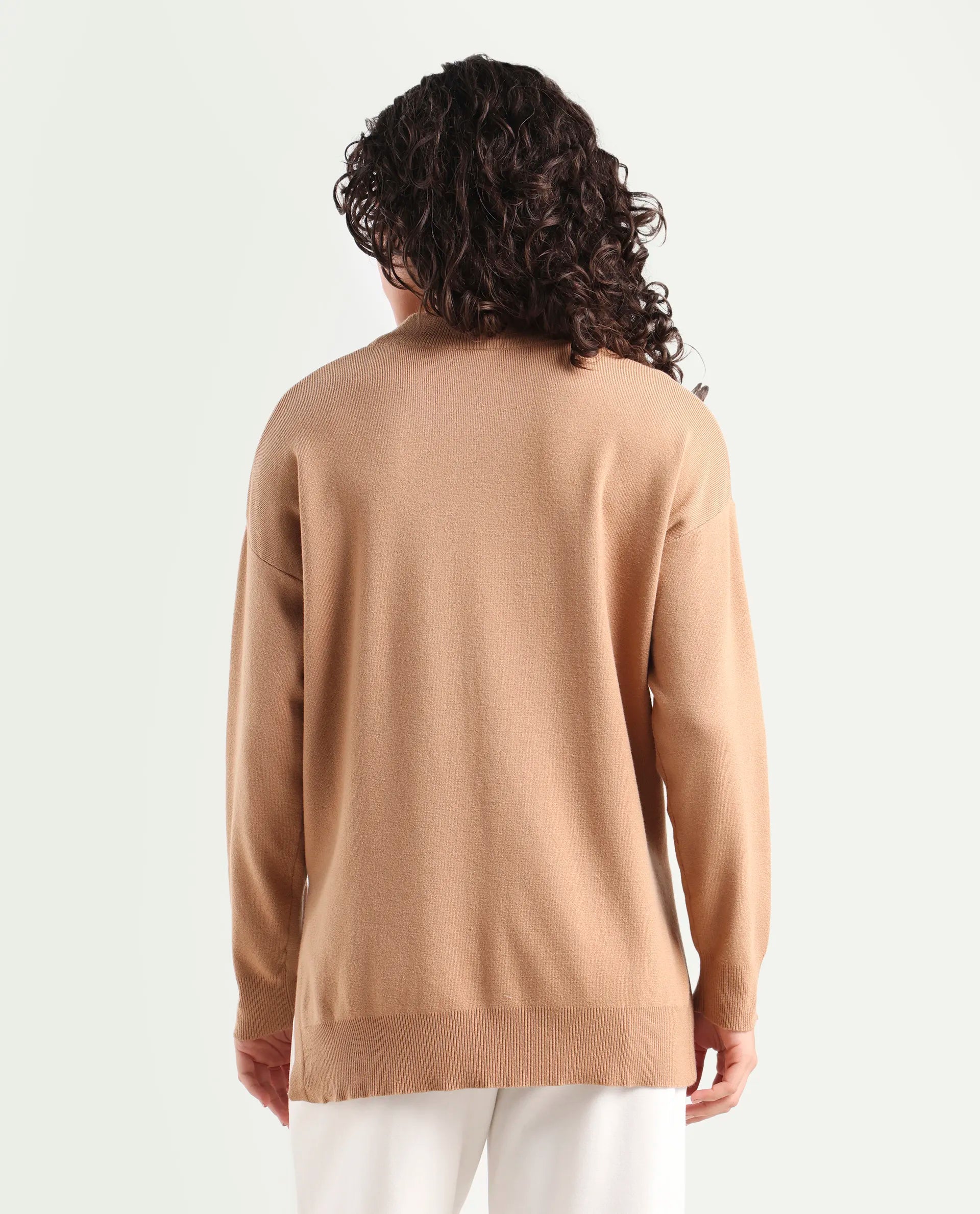 Rareism Women's Omerli T Light Beige Viscose High Neck Plain Oversized Sweater