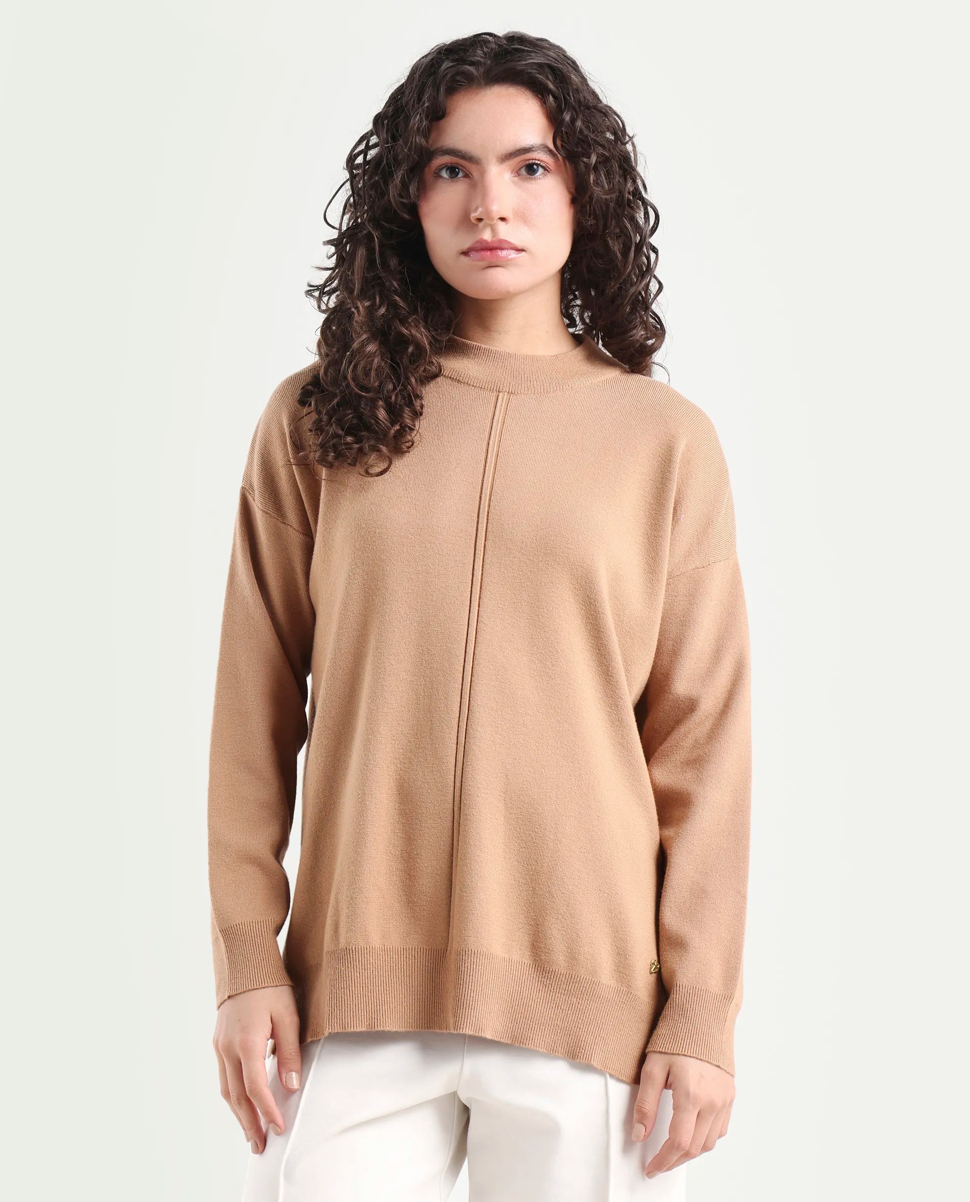 Rareism Women's Omerli T Light Beige Viscose High Neck Plain Oversized Sweater