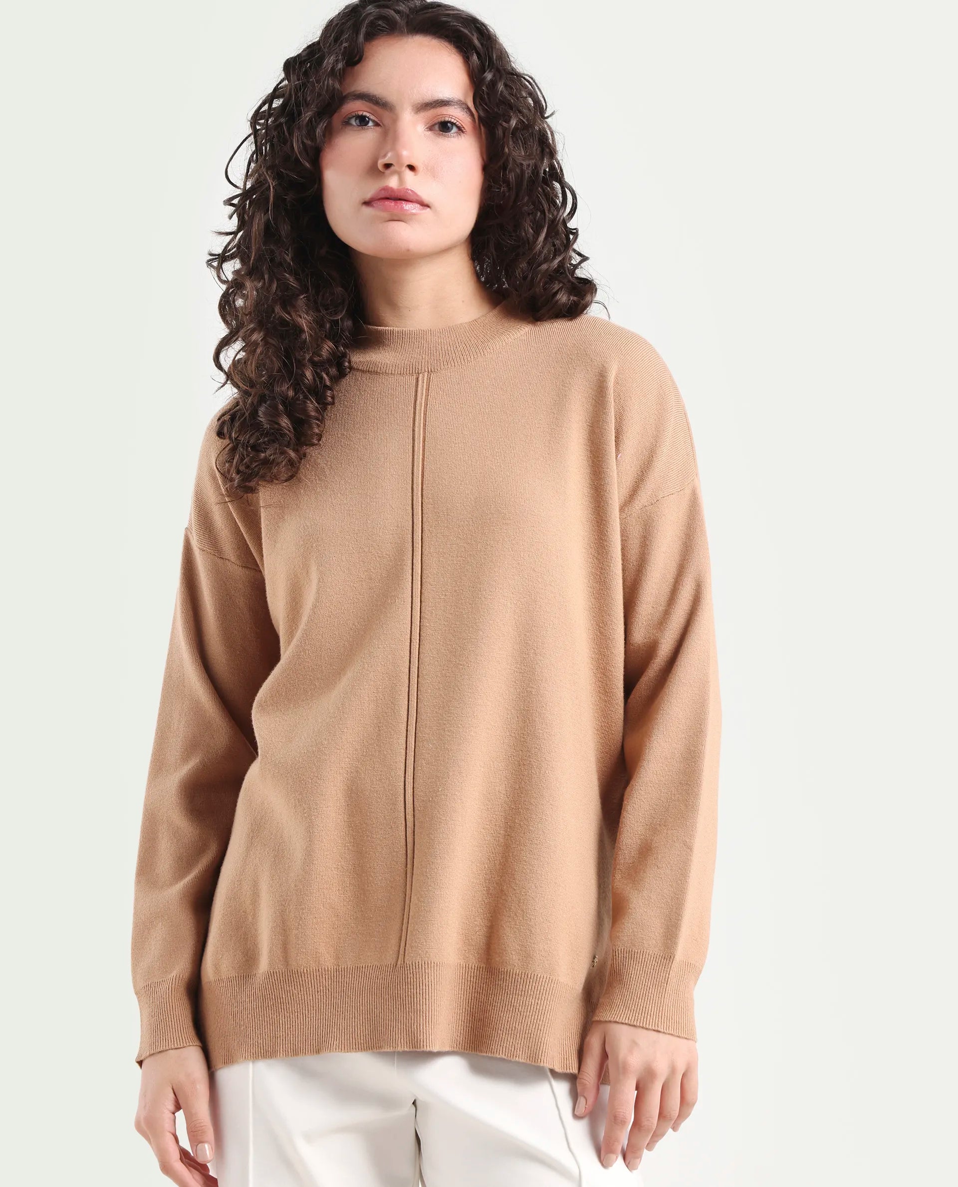 Rareism Women's Omerli T Light Beige Viscose High Neck Plain Oversized Sweater