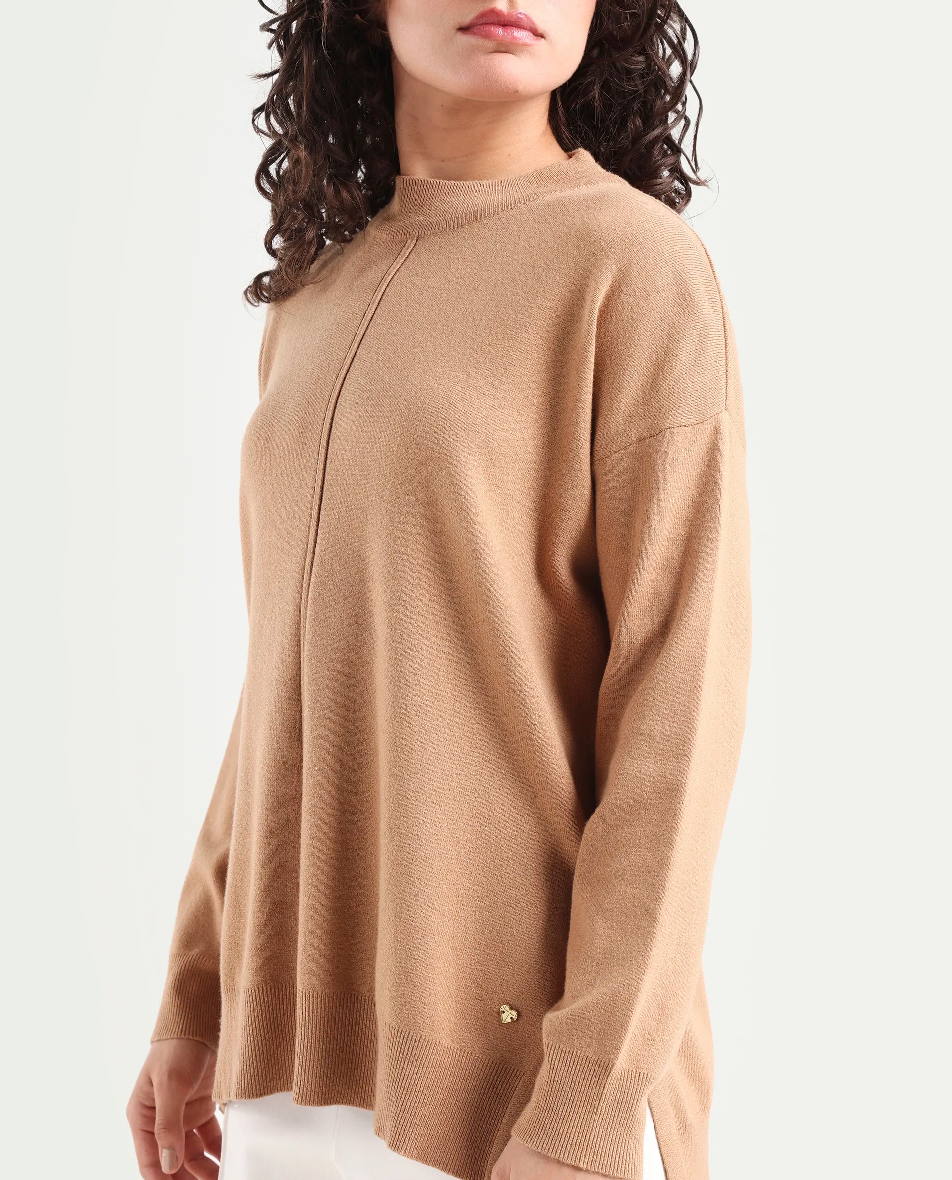 Rareism Women's Omerli T Light Beige Viscose High Neck Plain Oversized Sweater