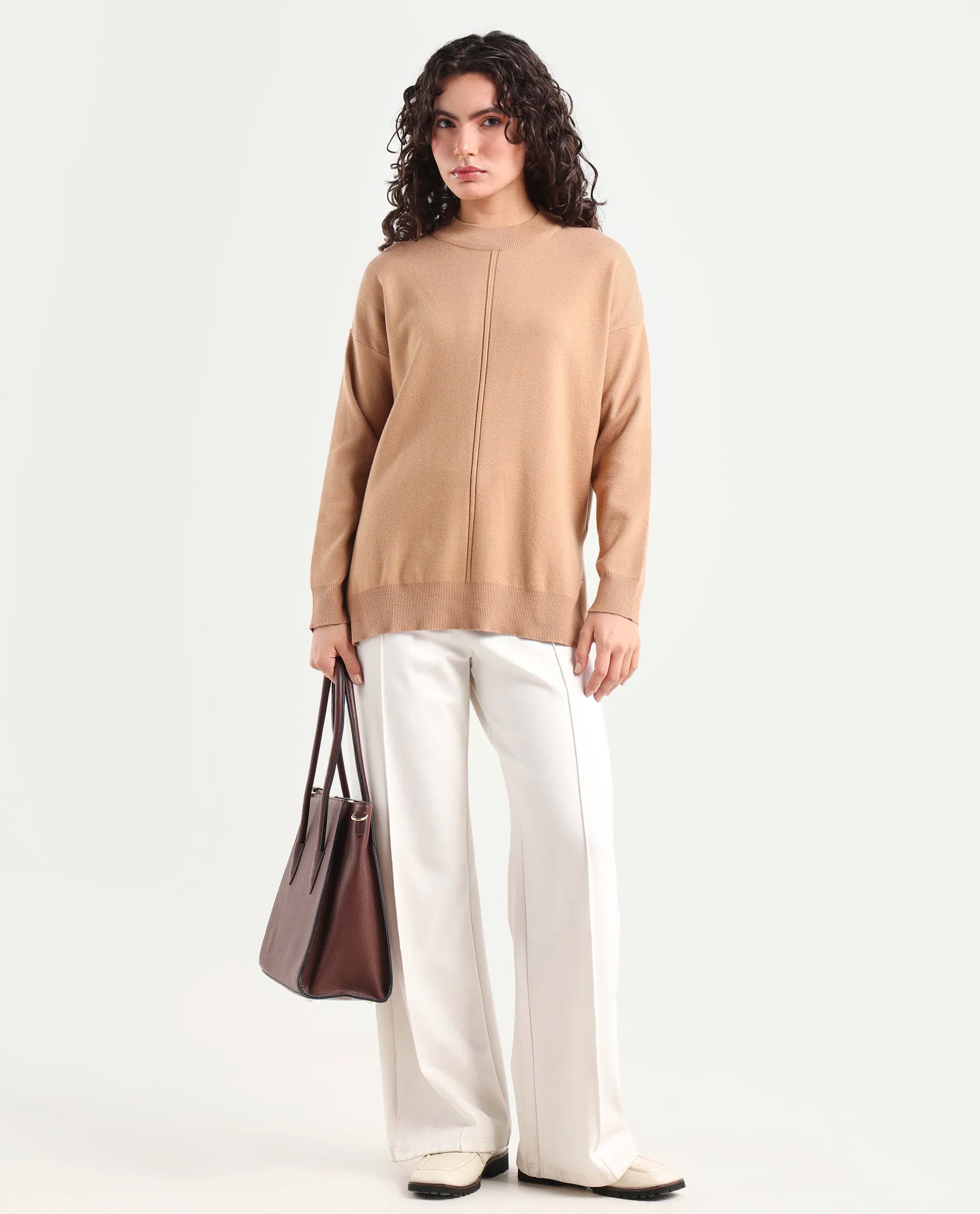 Rareism Women's Omerli T Light Beige Viscose High Neck Plain Oversized Sweater