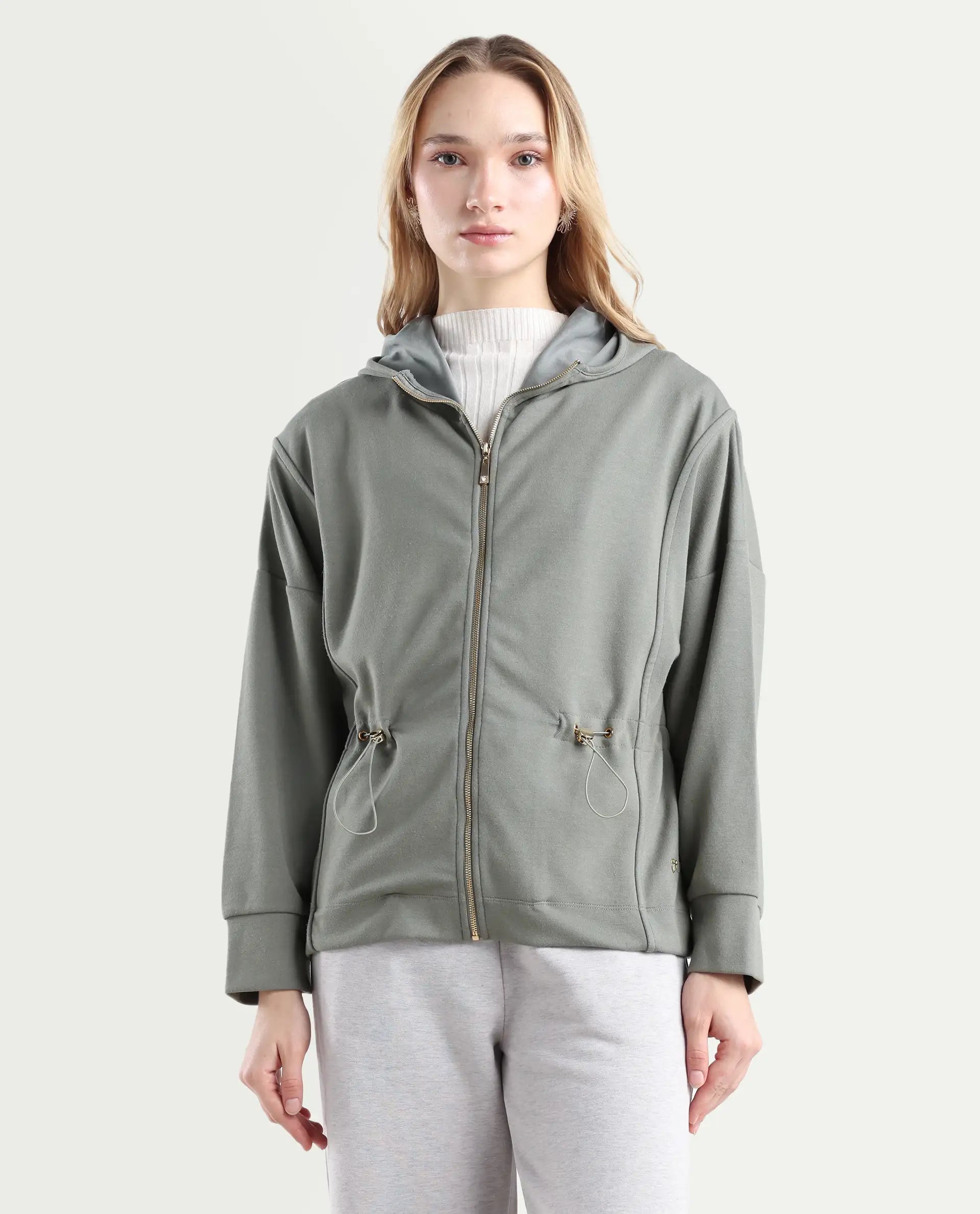 Rareism Women's Onerler Dusky Green Polyester Blend Hooded Plain Relaxed Fit Sweatshirt