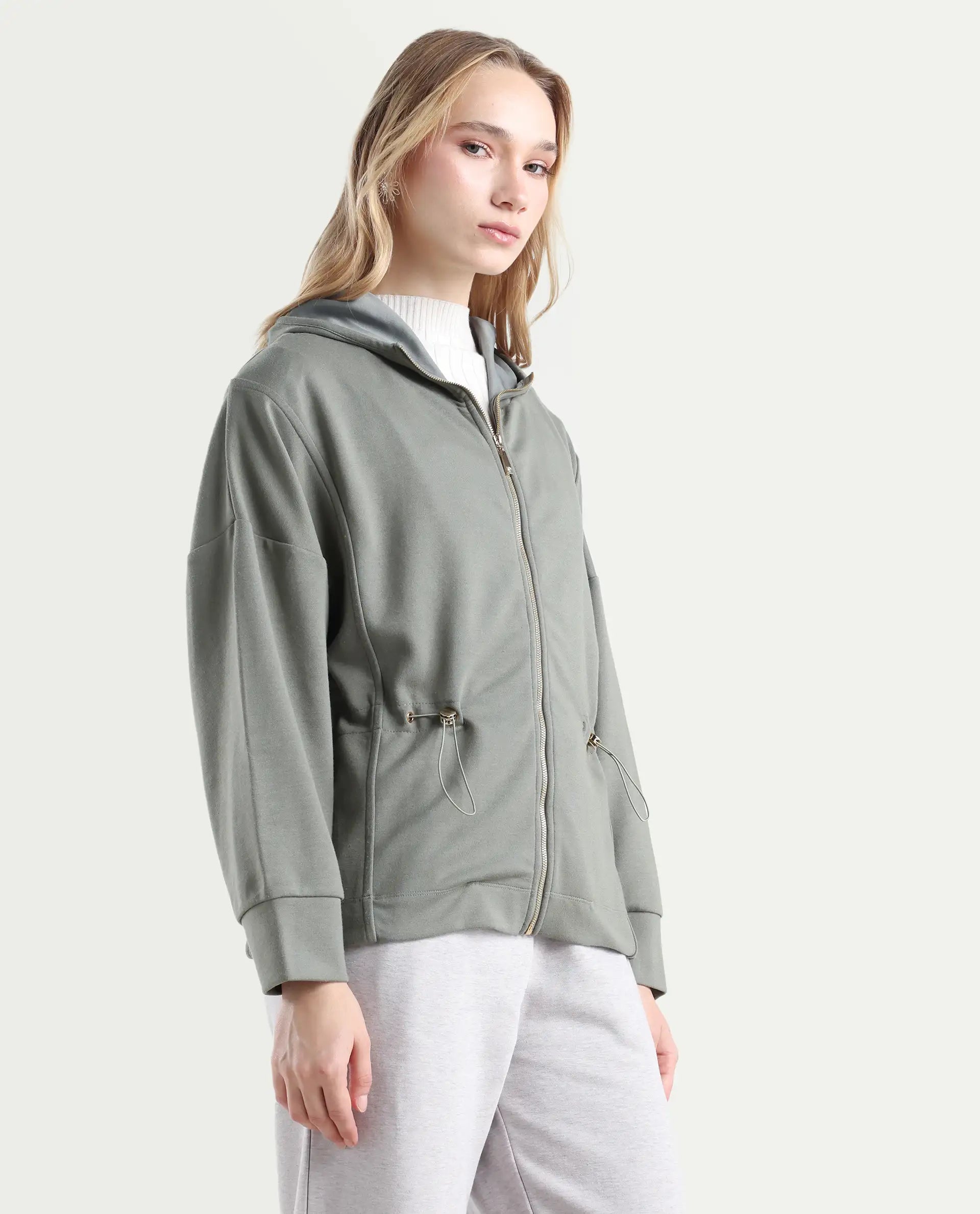 Rareism Women's Onerler Dusky Green Polyester Blend Hooded Plain Relaxed Fit Sweatshirt