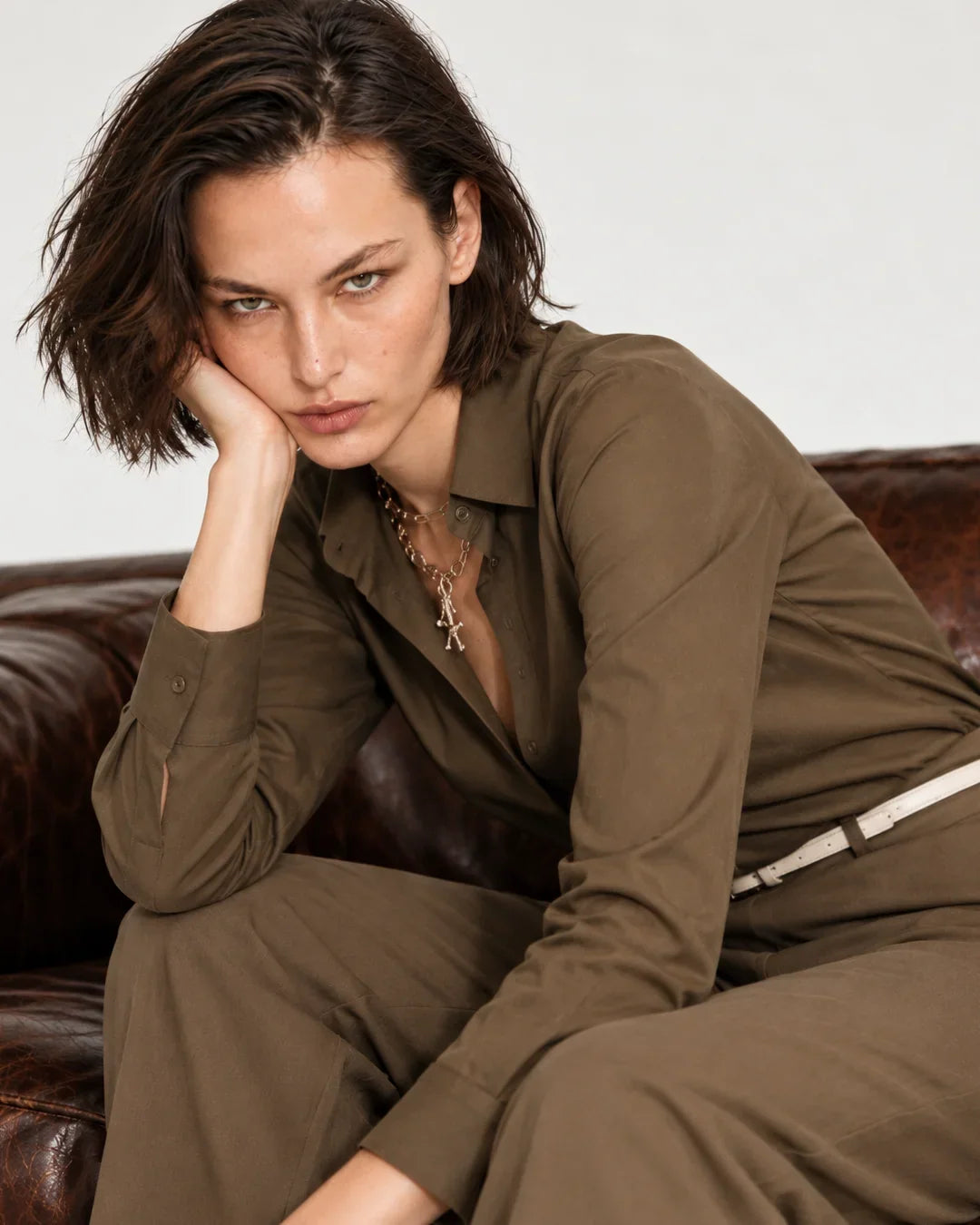 Rareism Women Onwop-T Primary Olive Cotton Spread Collar Plain Fitted Shirt