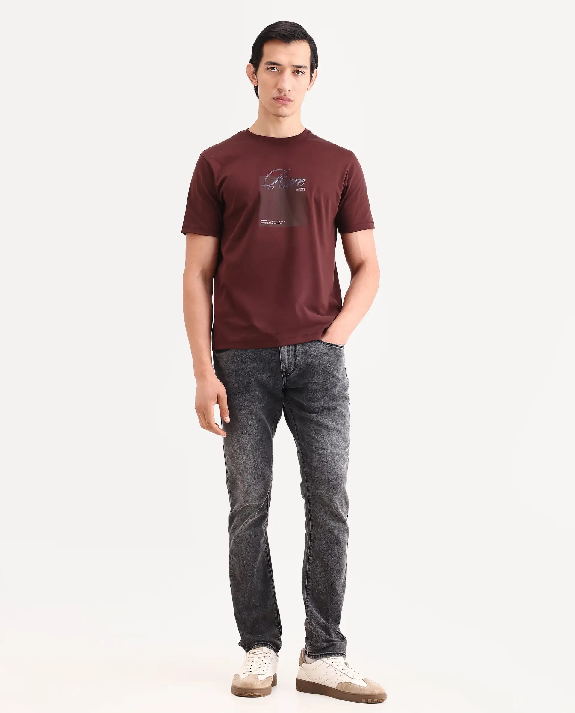 Rare Rabbit Men's Oris 26 Dark Grey Cotton Blend Fabric Hawk Slim Fit Plain Jeans