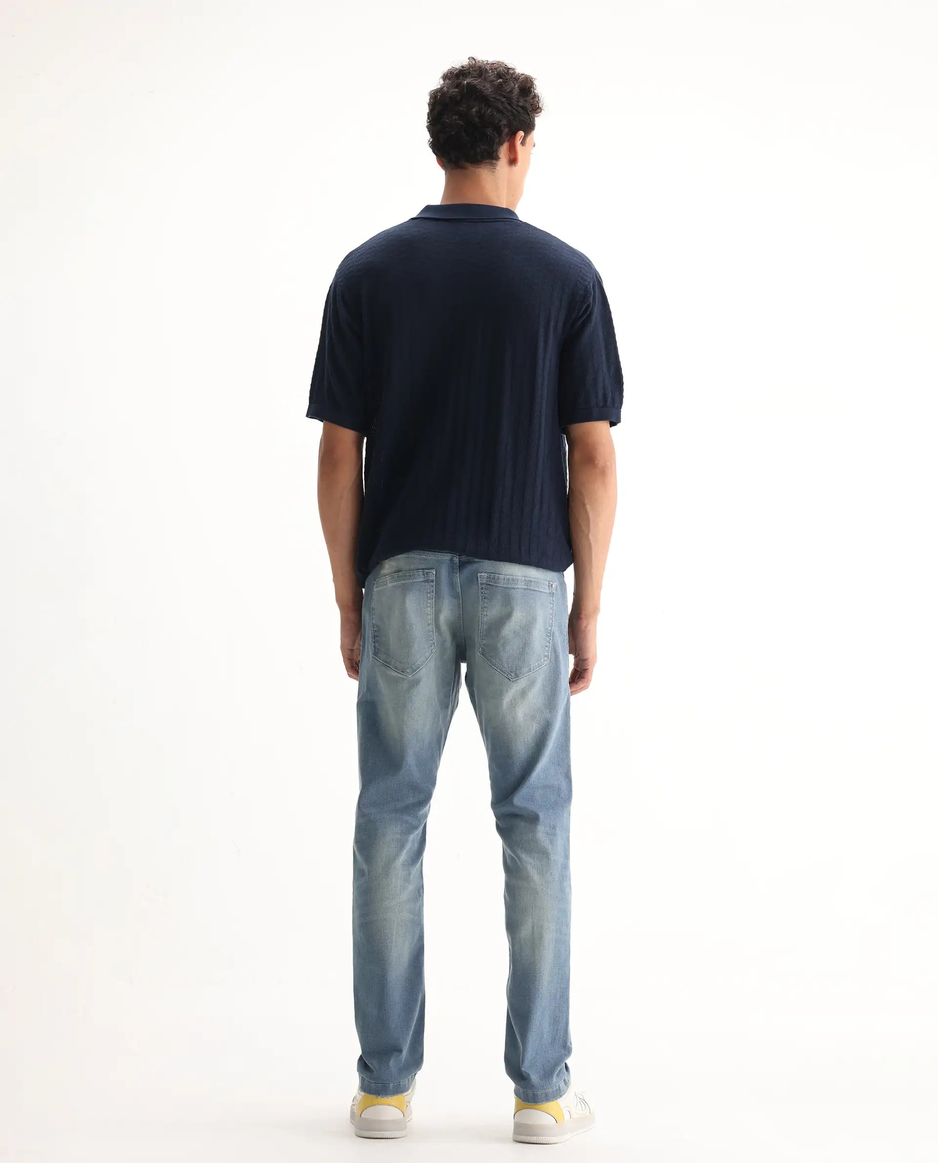 Rare Rabbit Men's Orsica Fluorescent Blue Cotton Plain Hawk Slim Fit Jeans