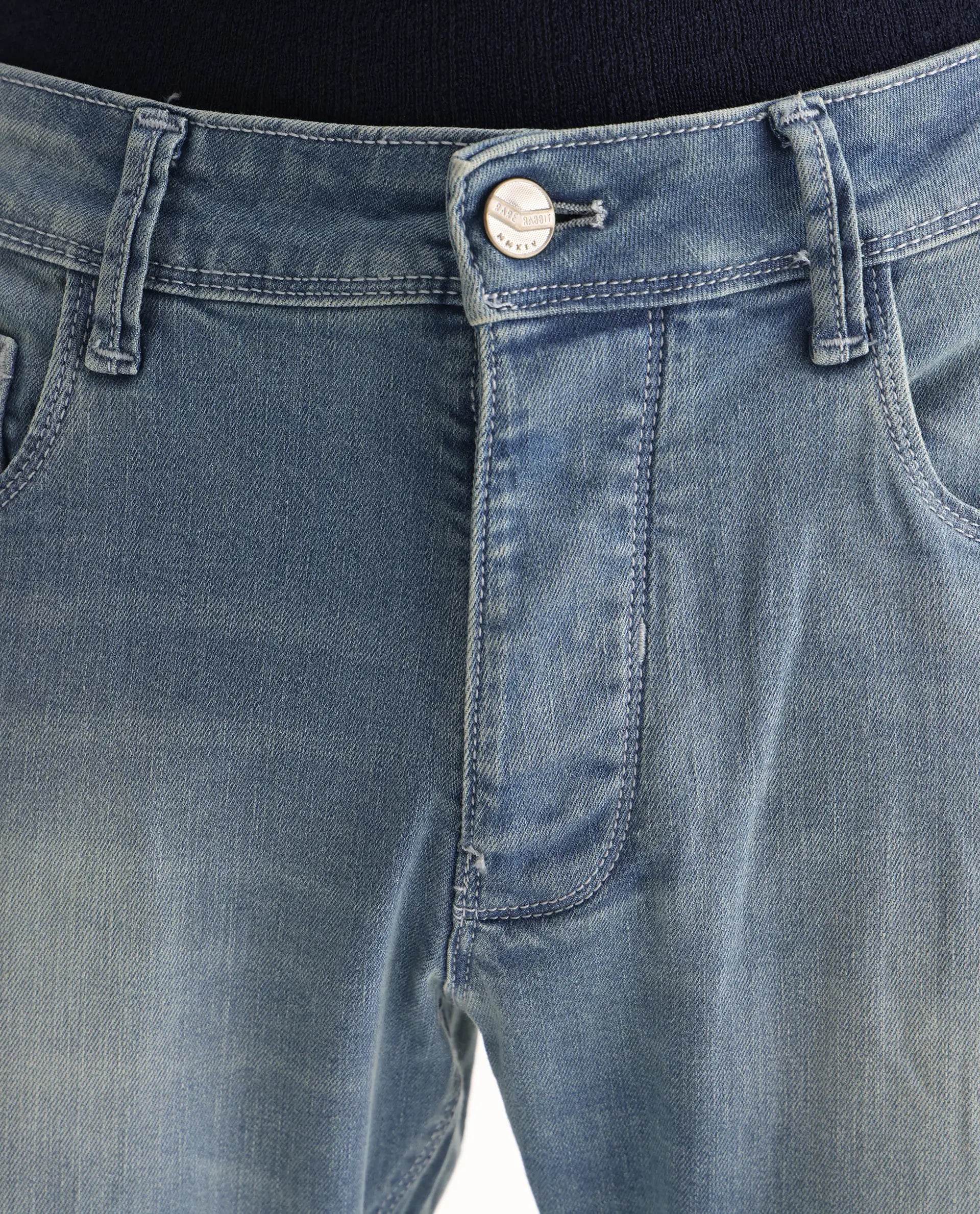 Rare Rabbit Men's Orsica Fluorescent Blue Cotton Plain Hawk Slim Fit Jeans