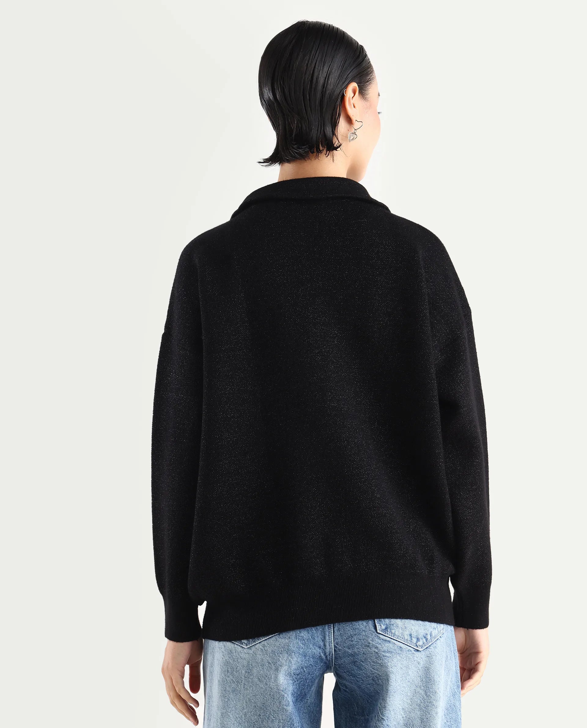 Rareism Women's Ortaca Black High Neck Plain Relaxed Fit Sweater