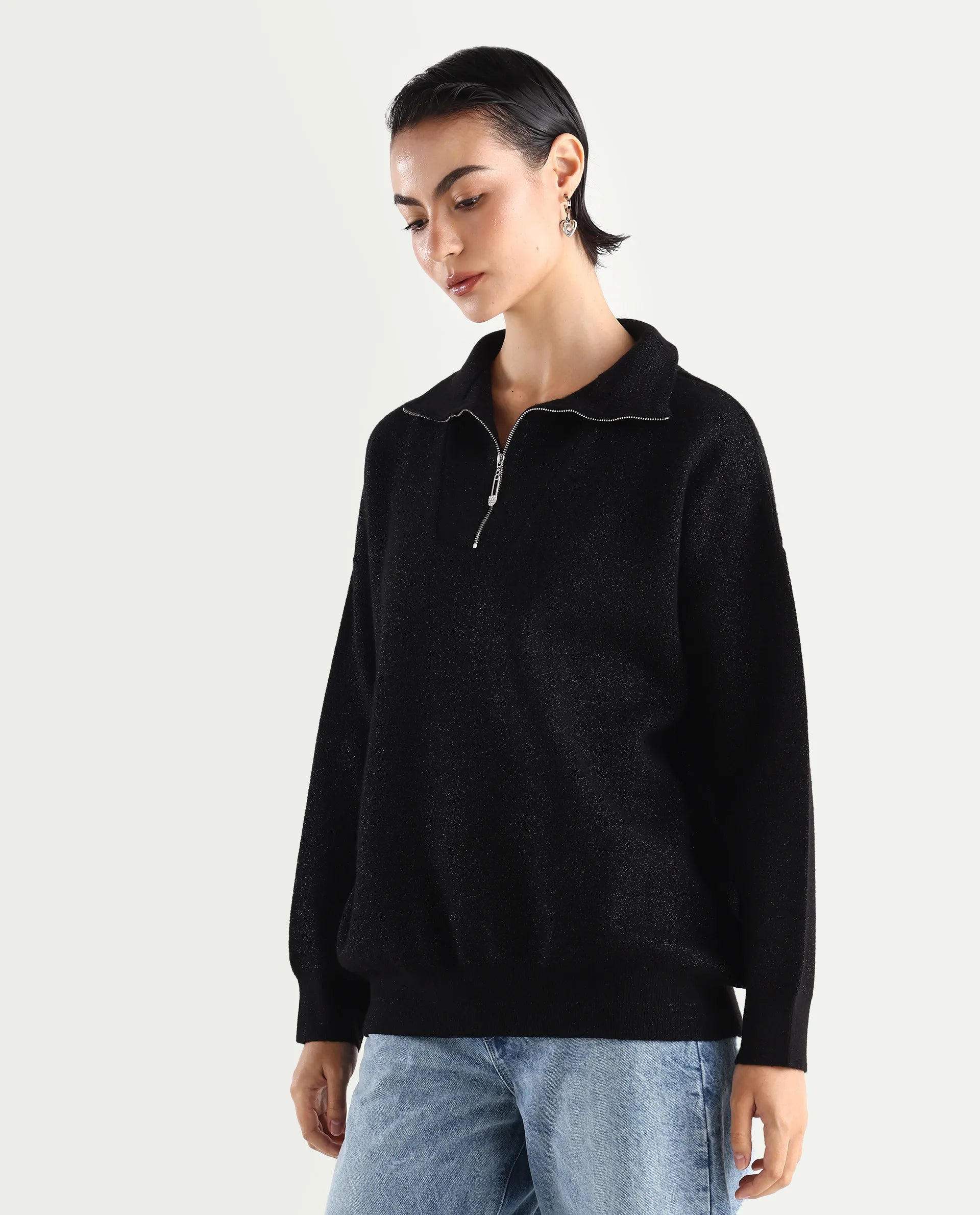 Rareism Women's Ortaca Black High Neck Plain Relaxed Fit Sweater
