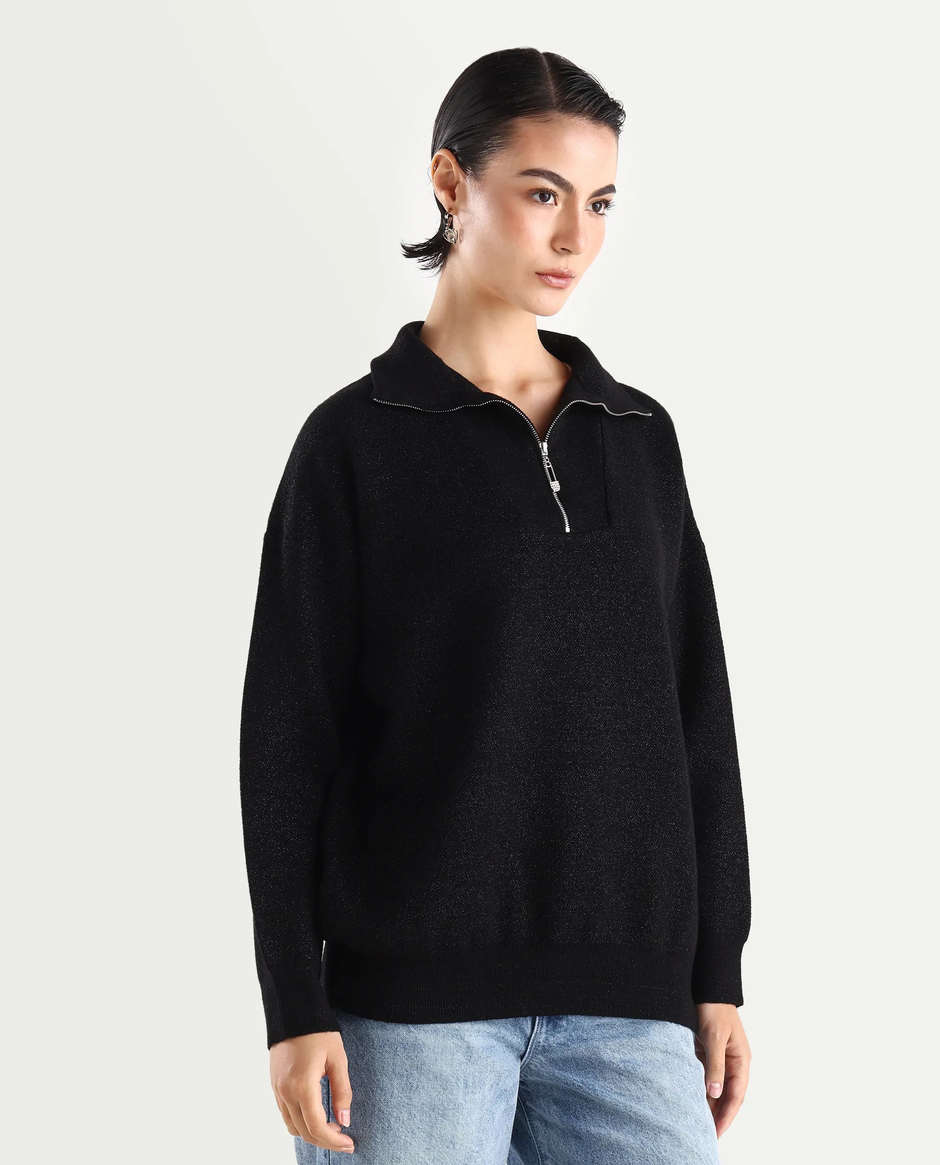 Rareism Women's Ortaca Black High Neck Plain Relaxed Fit Sweater